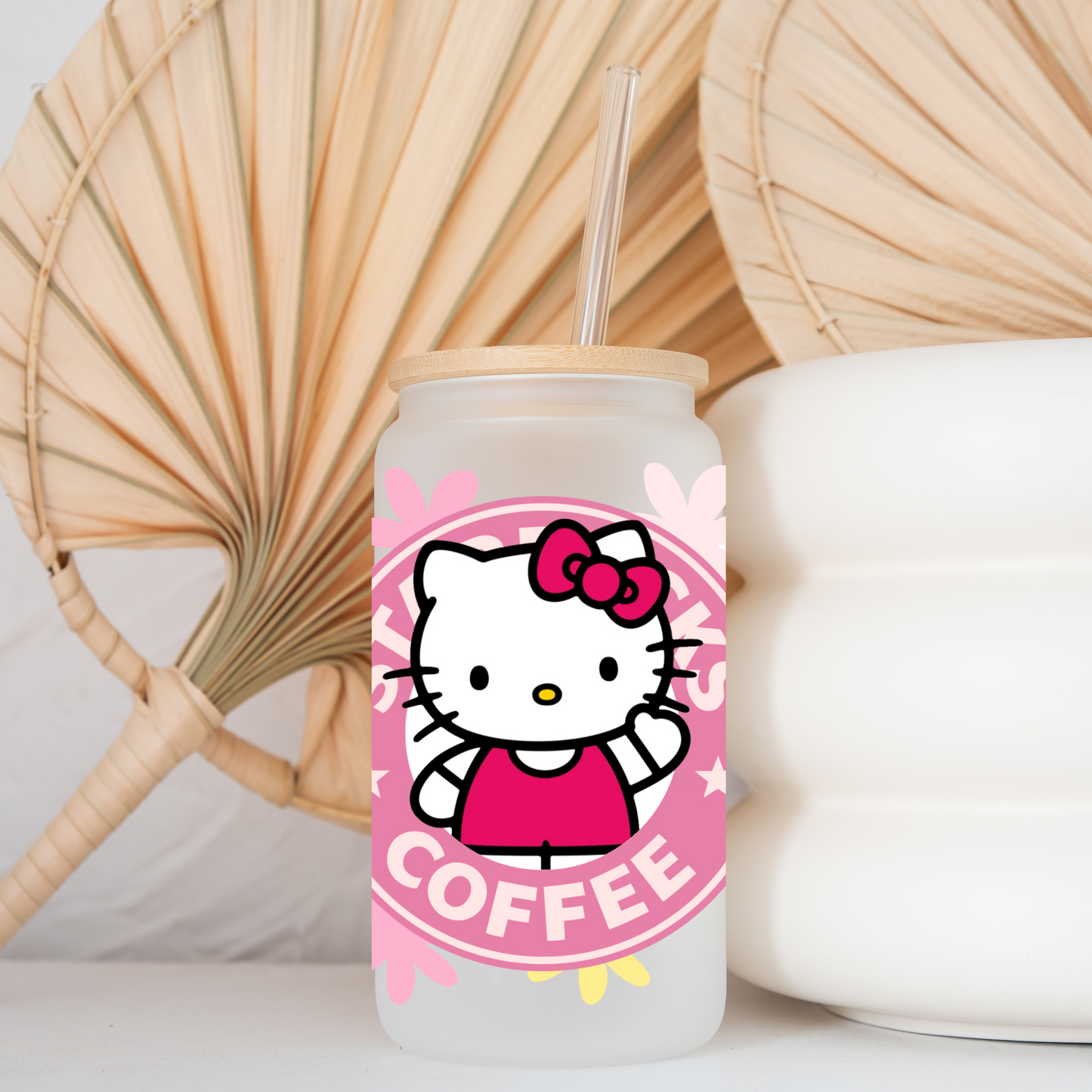 Hello Kitty and Flowers Anime 16oz Beer Can Glass with Straw and Lid