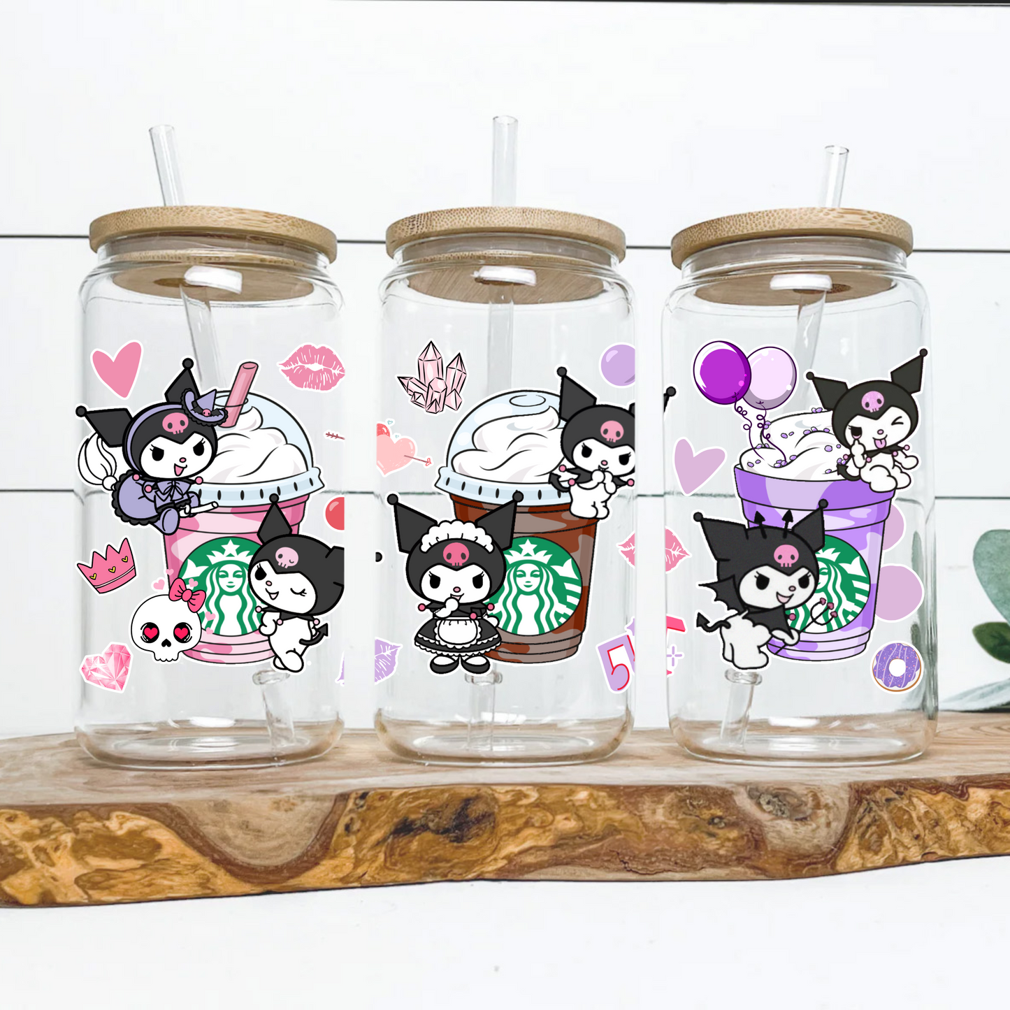 Kuromi with Starbucks Coffee cup  Anime 16oz Beer Can Glass with Straw and Lid