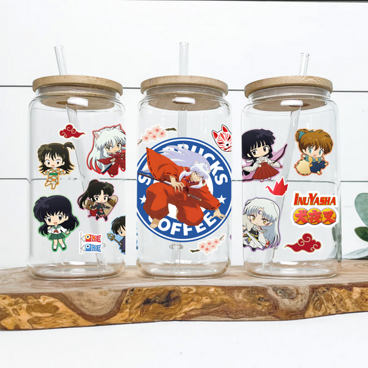 Inuyasha Starbucks Coffee Anime 16oz Beer Can Glass with Straw and Lid