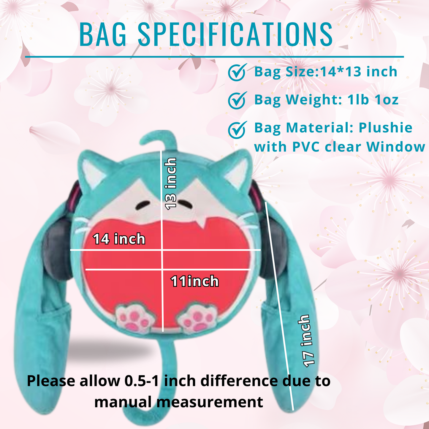 Large Hatsune Miku Cat Face Plush ITA Backpack, Adjustable Strap Bag, convertible cross body & backpack ita bag Kawaii Anime Backpack