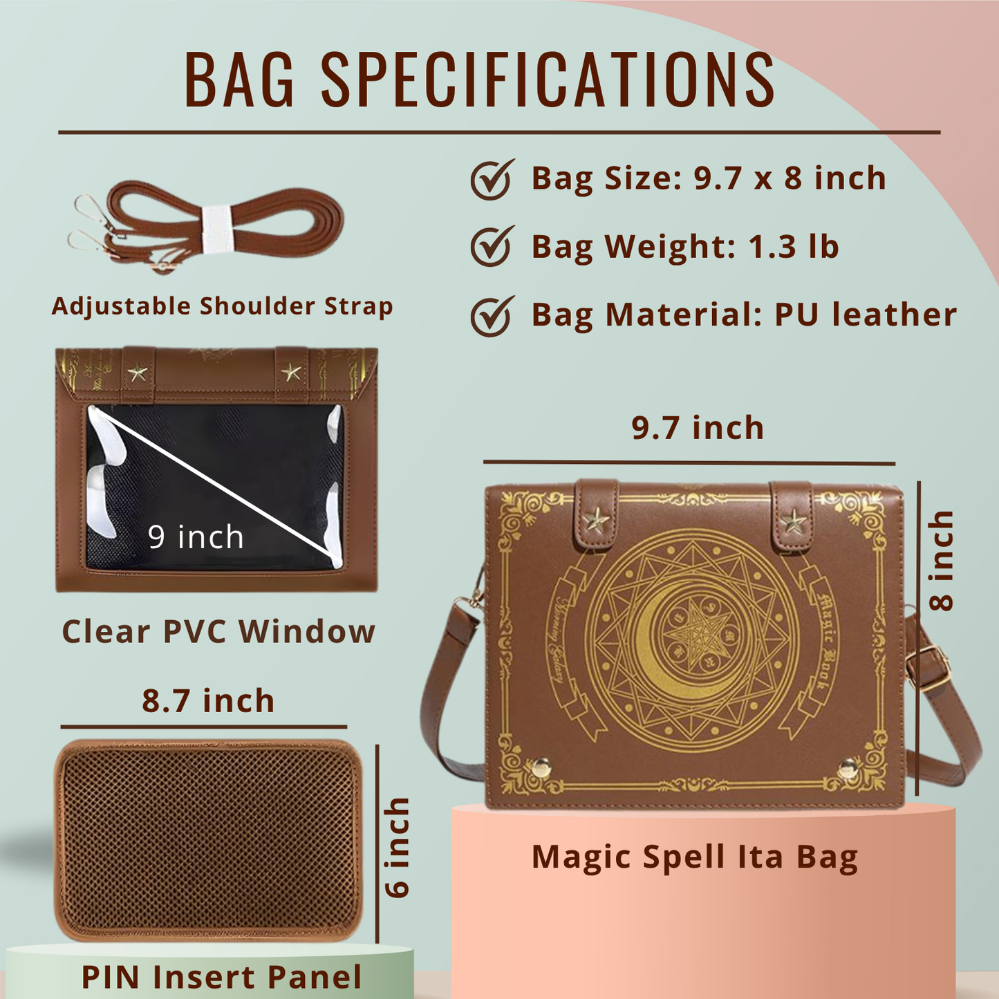 Spell Book ITA Bag, Moon Magic Book ITA Bag, PIN bag, Cross Double Shoulder Bags, Girl Backpack, Leather Flap Bag, Schoolbag, Women Handbag