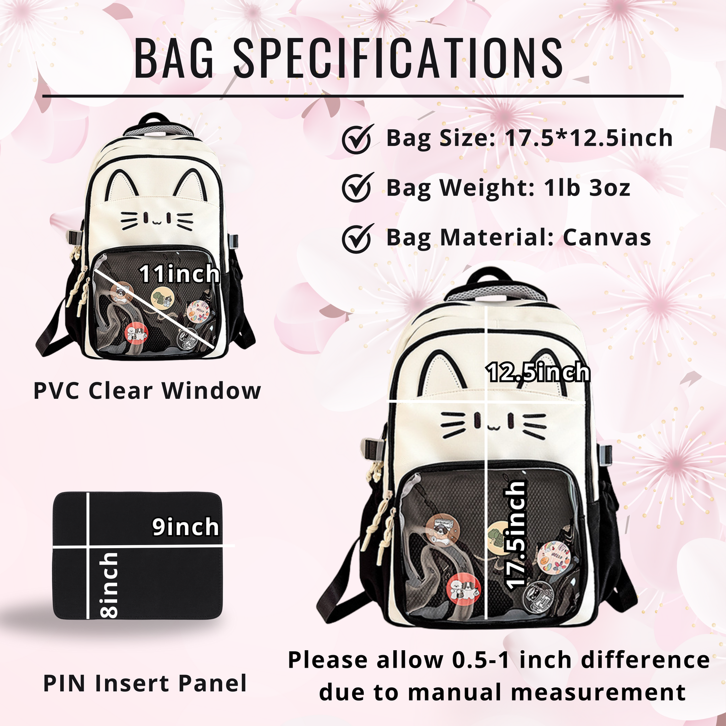 CatFace ita backpack, kawaii ita ba, enamel pin display bag, anime convention bag,  clear window ita backpack, kawaii school backpack