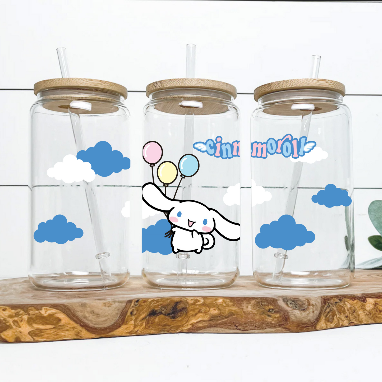 Cinnamoroll in Cloud Anime 16oz Beer Can Glass with Straw and Lid