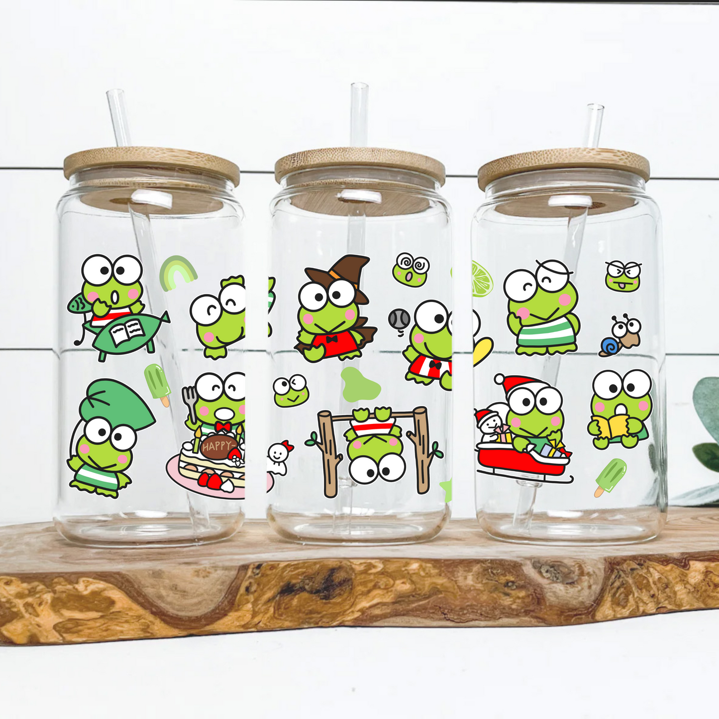 Keroppi Anime 16oz Beer Can Glass with Straw and Lid