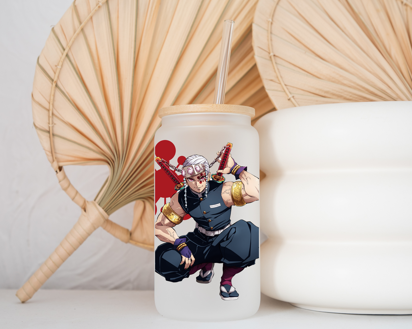 Demon Slayer-Tengen Uzui Anime 16oz Beer Can Glass with Straw and Lid
