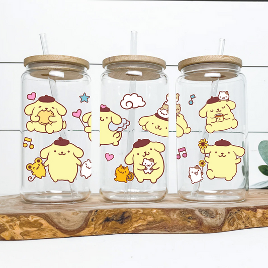 Pompompurin Anime 16oz Beer Can Glass with Straw and Lid