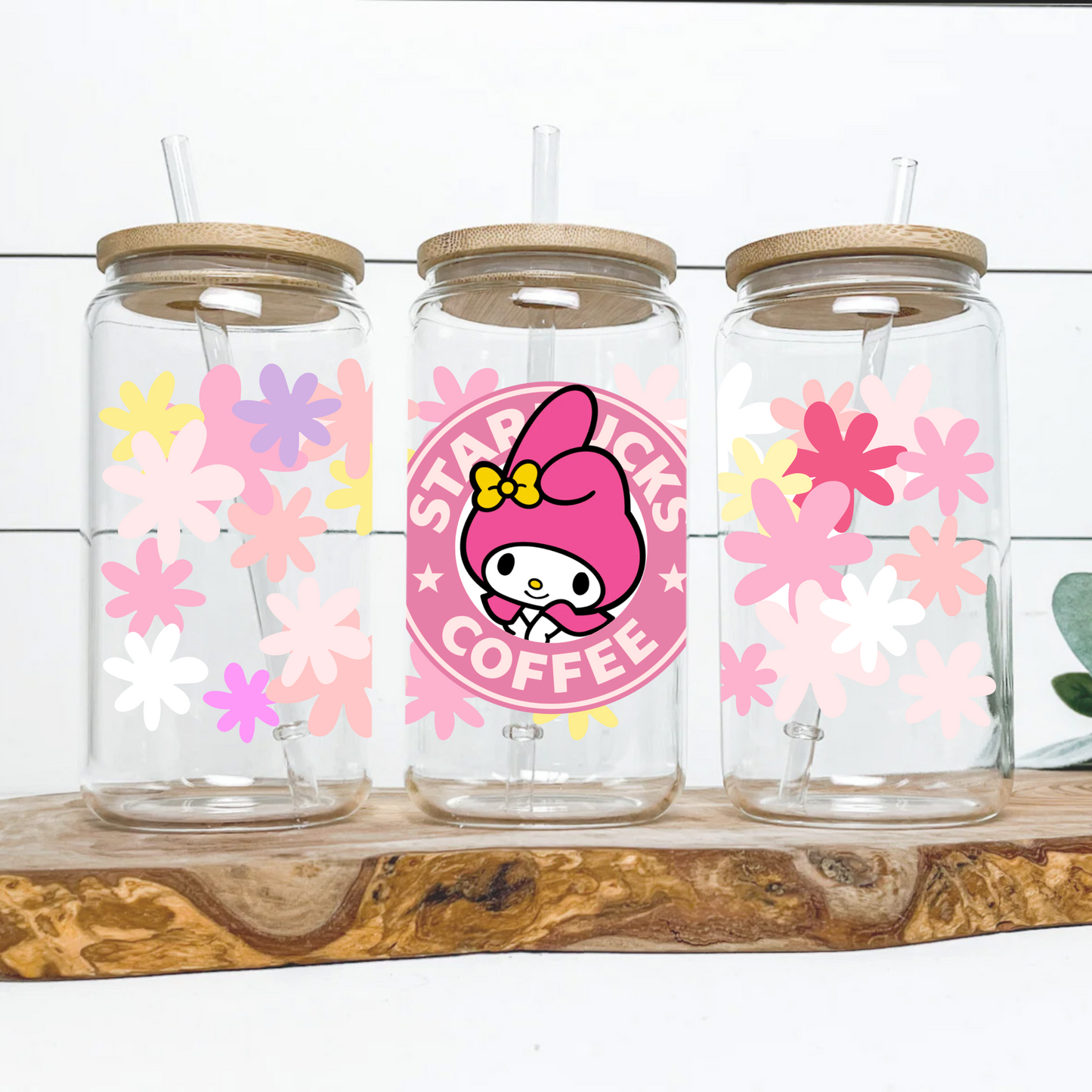 My Melody with Flowers Anime 16oz Beer Can Glass with Straw and Lid