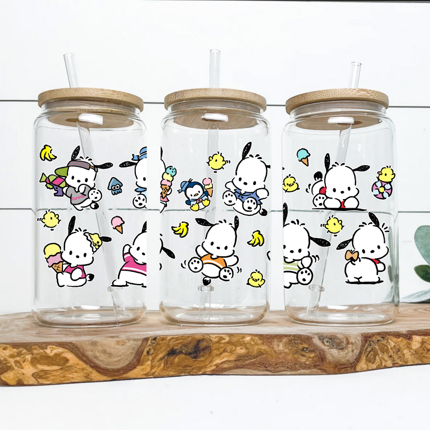 Pochacco Anime 16oz Beer Can Glass with Straw and Lid
