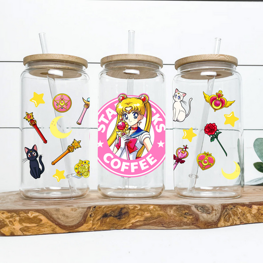 Sailor Moon Pink Starbucks Anime 16oz Beer Can Glass with Straw and Lid