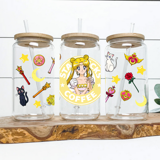 Sailor Moon Yellow Starbucks Anime 16oz Beer Can Glass with Straw and Lid