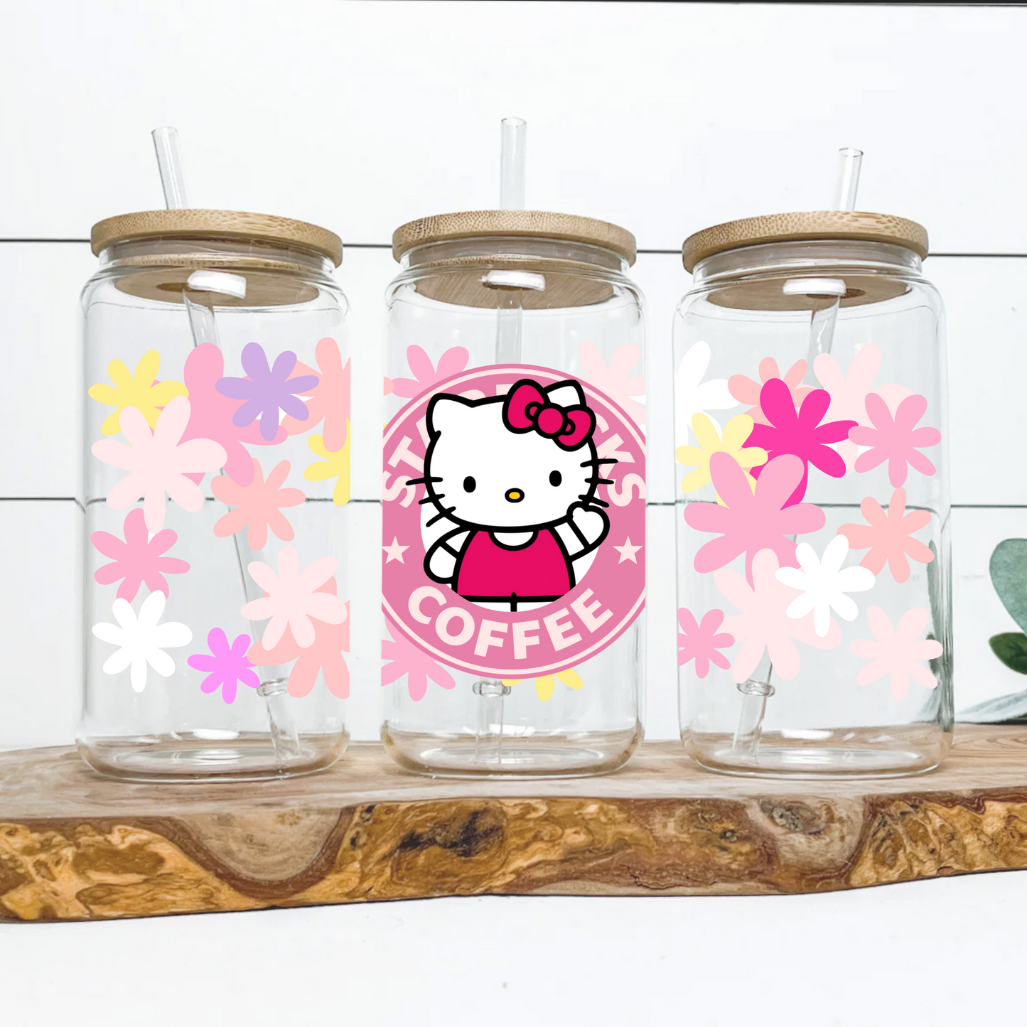 Hello Kitty and Flowers Anime 16oz Beer Can Glass with Straw and Lid