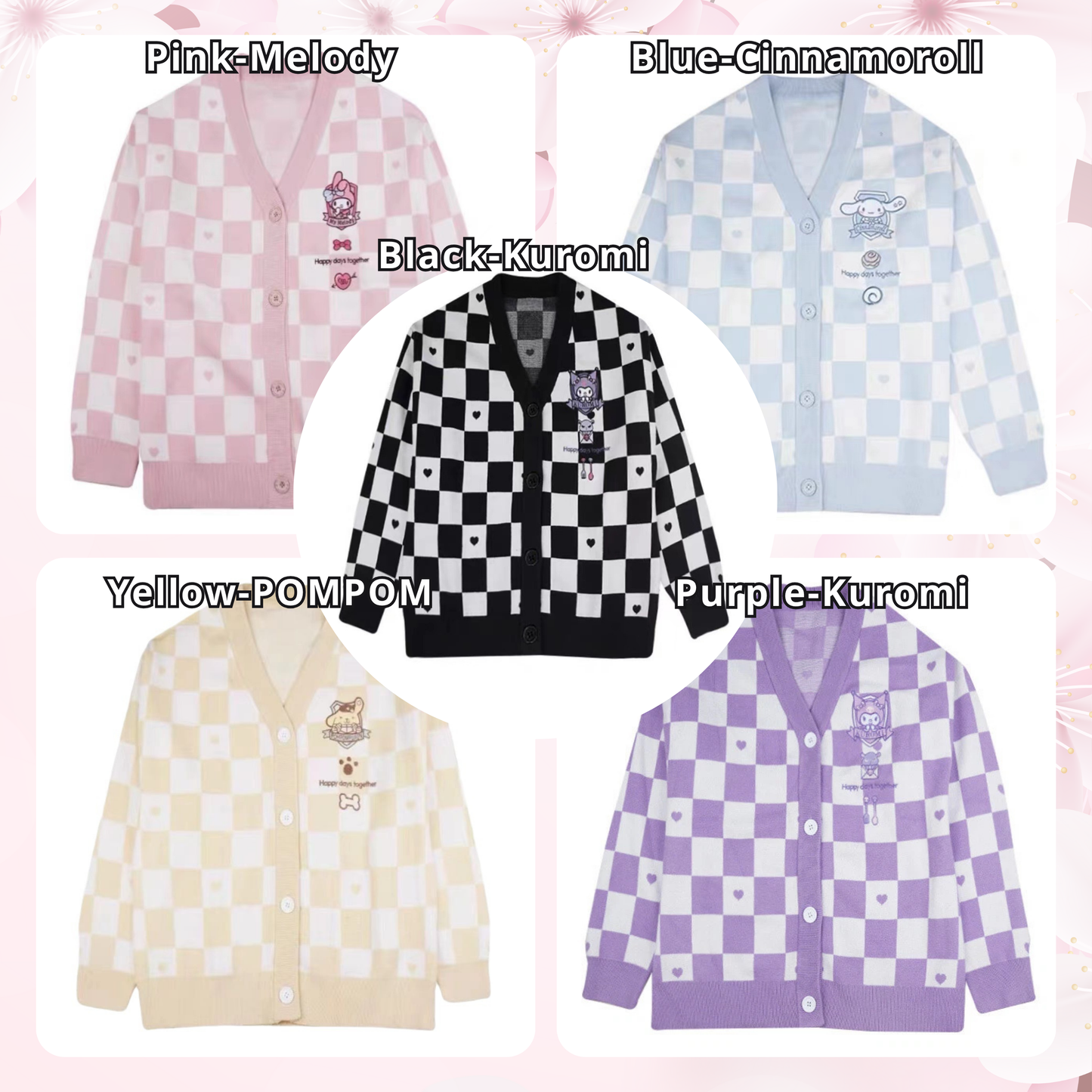 One Sized/Unisize Sanrio Checkered Cardigan, Cute Sweater Cardigan Cartoon, Embroidery Checkerboard Heart sweater, Student Uniform style