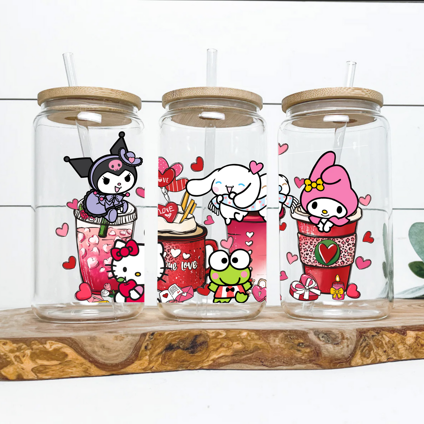 Sanrio Love coffee cup Anime 16oz Beer Can Glass with Straw and Lid