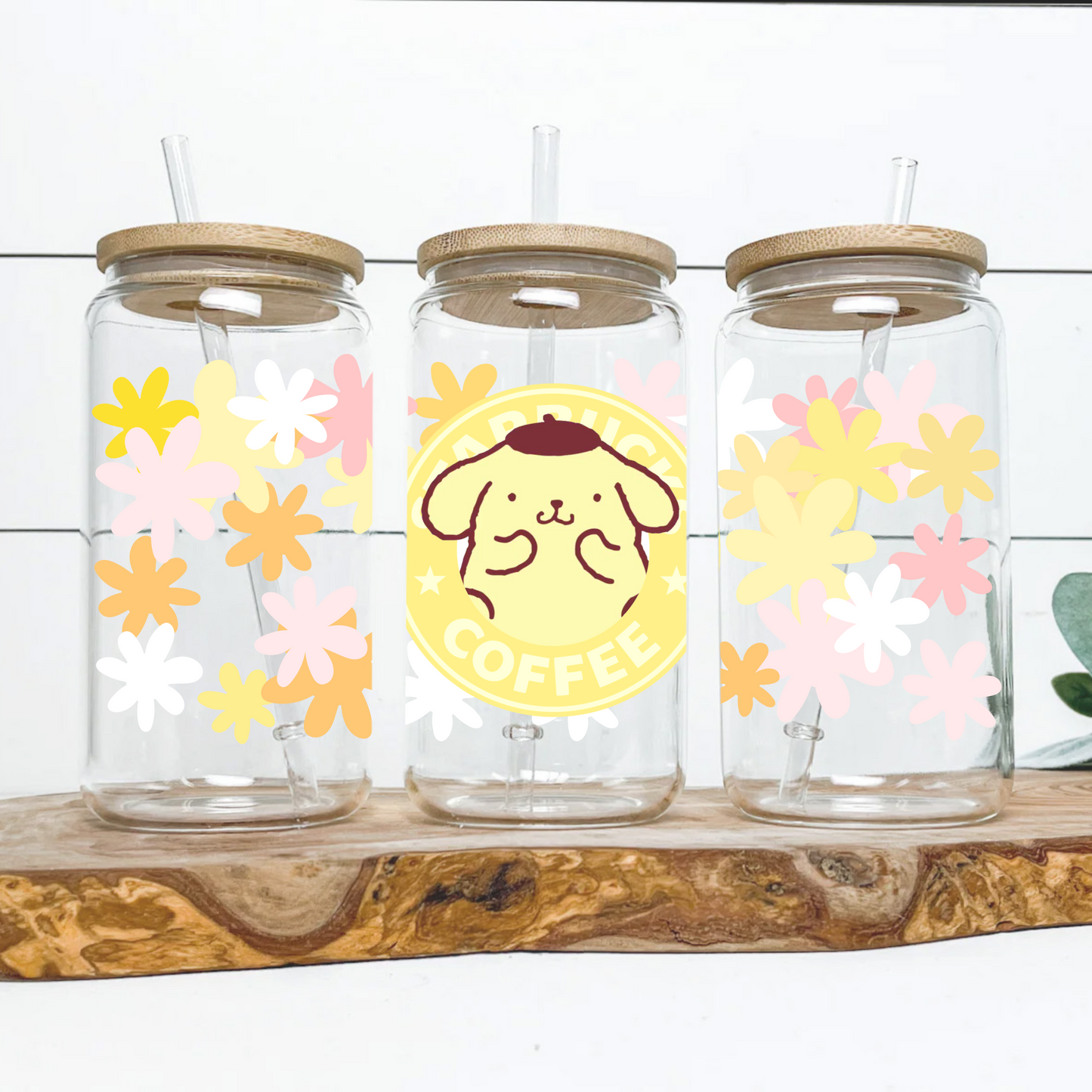 Pompompurin with flowers Anime 16oz Beer Can Glass with Straw and Lid