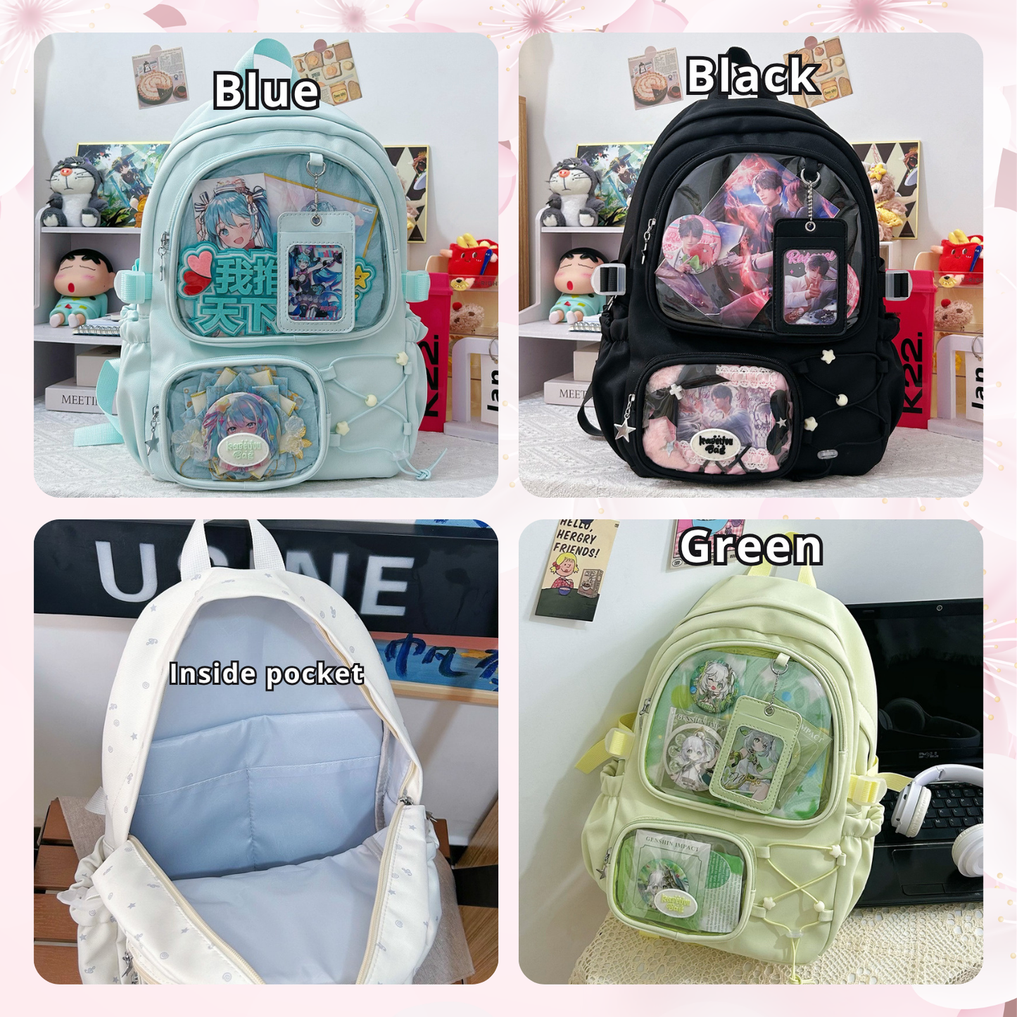 Large ita backpack with 2 clear window, ITA Backpack,enamel pin display bag,anime convention bag, clear window ita backpack, school backpack