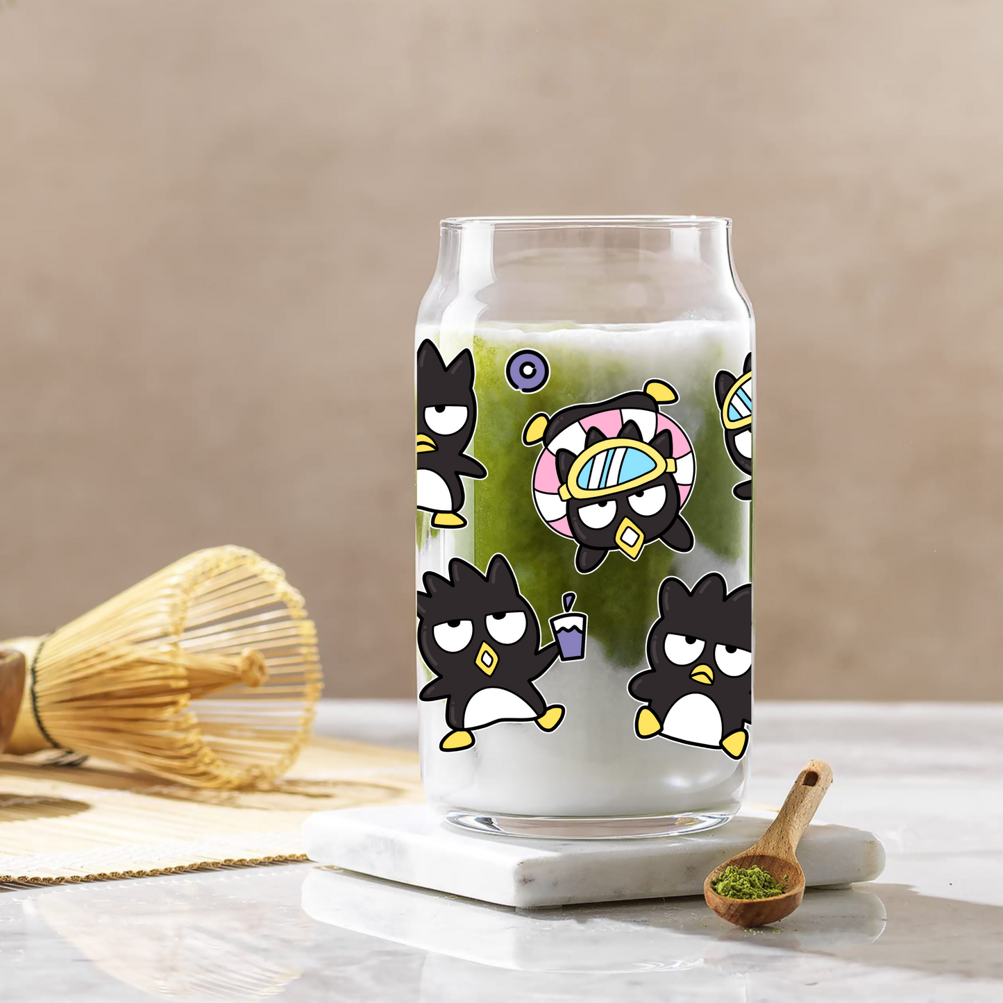 Badtz-Maru Anime 16oz Beer Can Glass with Straw and Lid