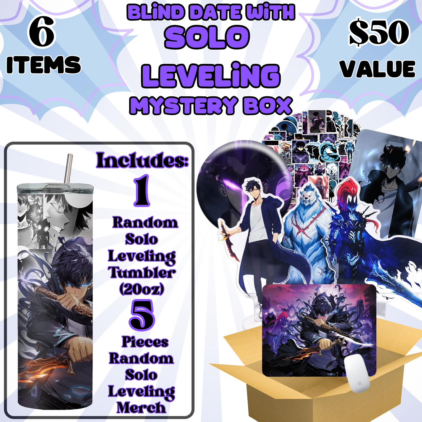 Blind Date with Solo Leveling  Mystery Box – 20oz Tumbler + 5 Surprise Solo Merch Items
