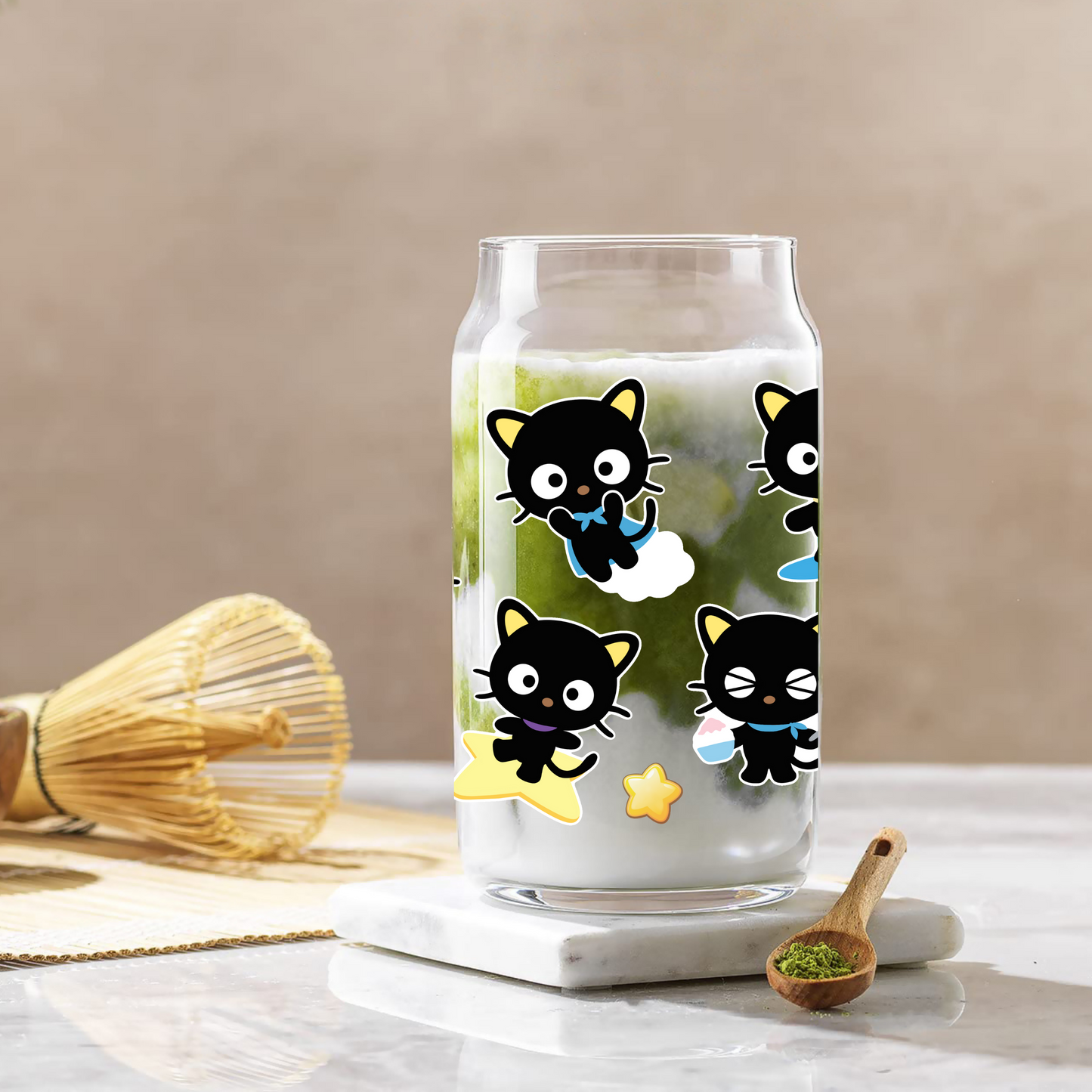 Chococat Anime 16oz Beer Can Glass with Straw and Lid