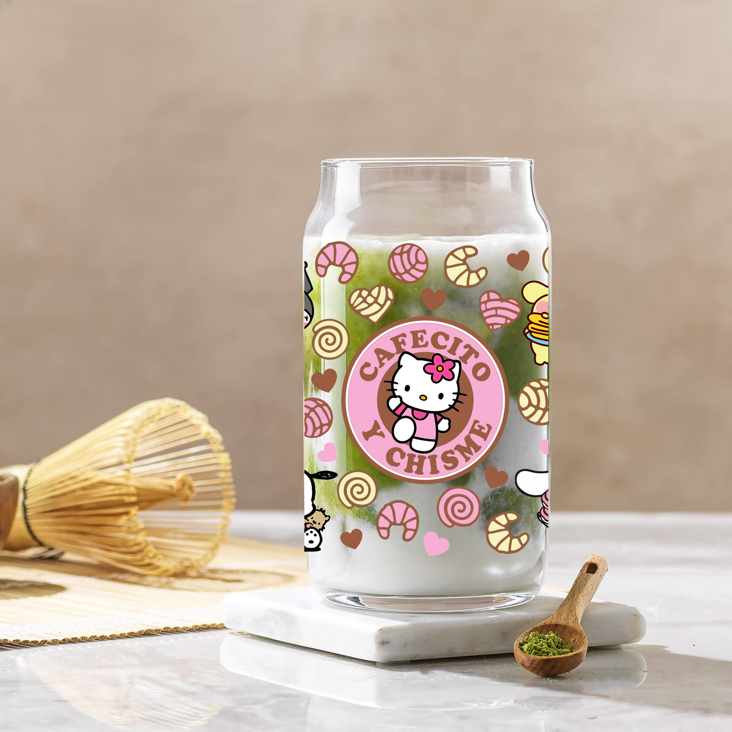 Hello Kitty Cafecito cup Anime 16oz Beer Can Glass with Straw and Lid