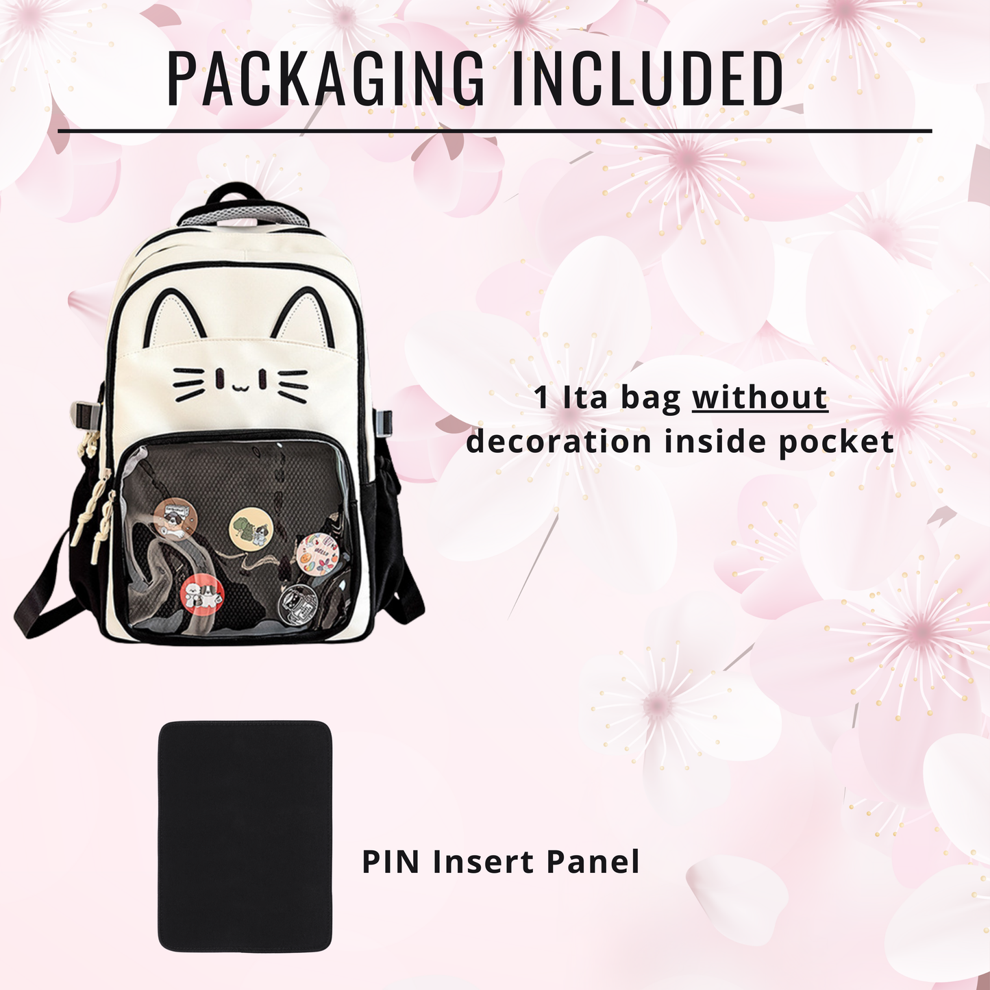 CatFace ita backpack, kawaii ita ba, enamel pin display bag, anime convention bag,  clear window ita backpack, kawaii school backpack
