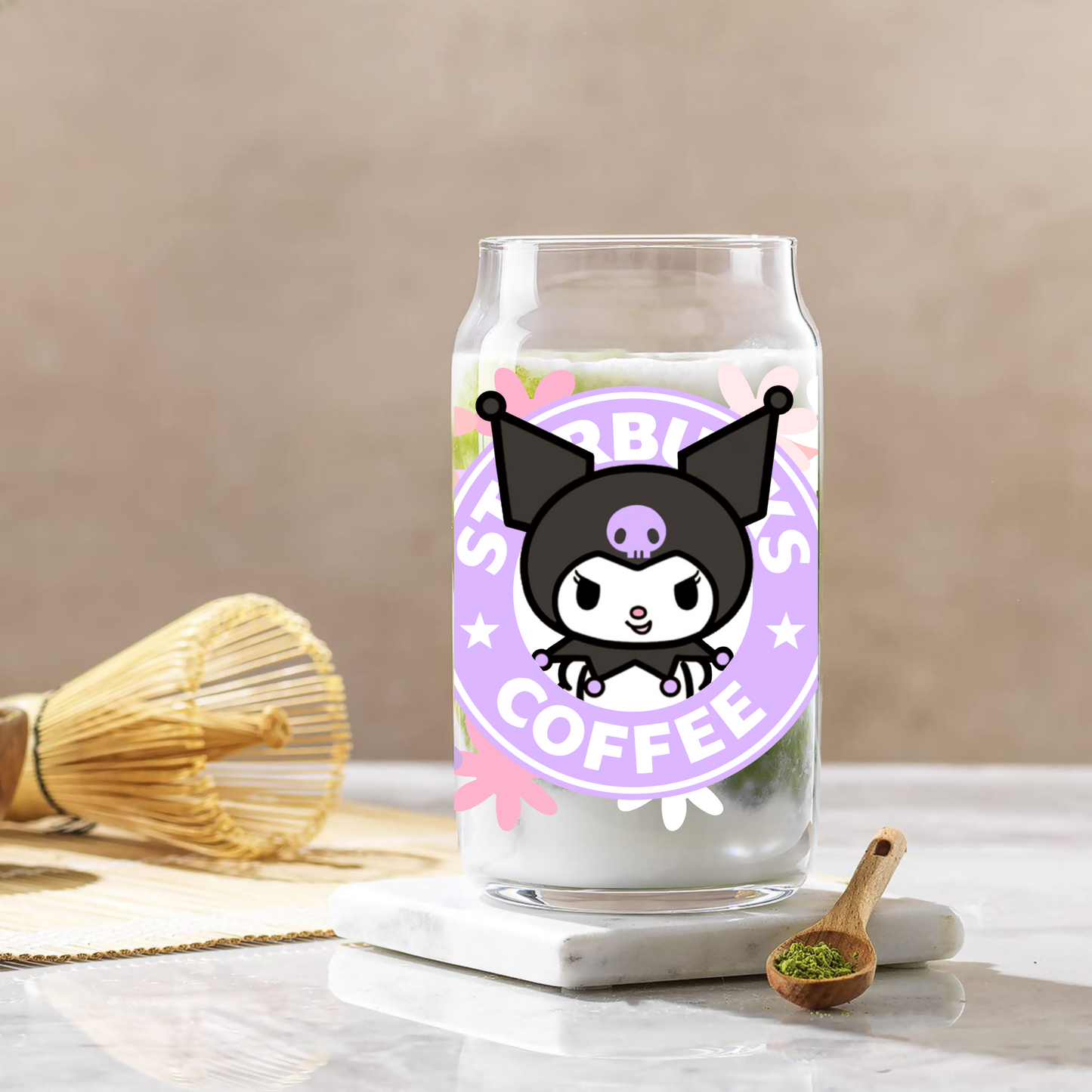 Kuromi with Flowers Anime 16oz Beer Can Glass with Straw and Lid