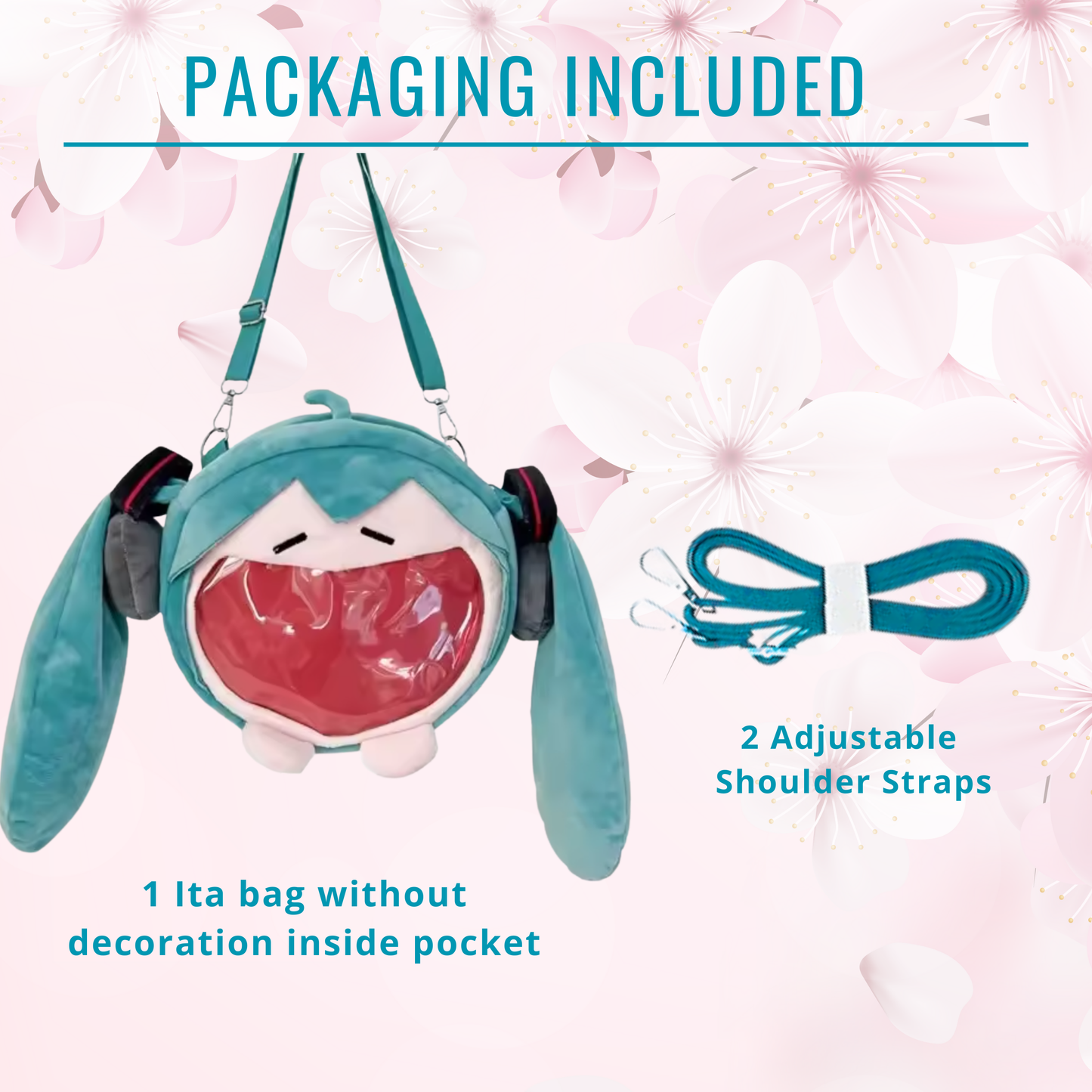 Large Hatsune Miku Face Plush ITA Backpack, Adjustable Strap Bag, convertible cross body & backpack ita bag Kawaii Anime Backpack