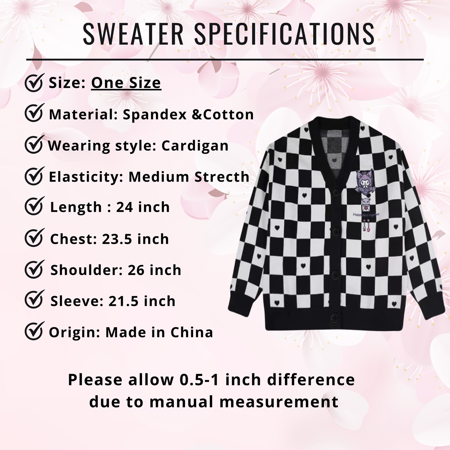 One Sized/Unisize Sanrio Checkered Cardigan, Cute Sweater Cardigan Cartoon, Embroidery Checkerboard Heart sweater, Student Uniform style