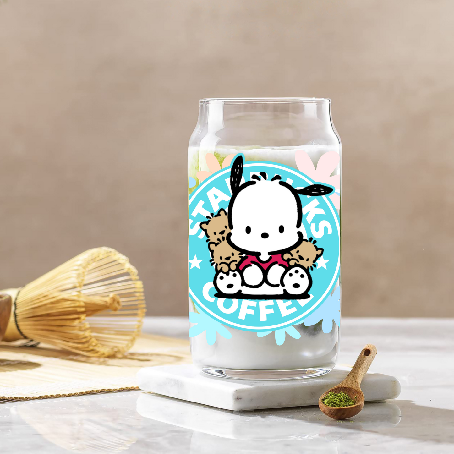 Pochacco with flowers Anime 16oz Beer Can Glass with Straw and Lid