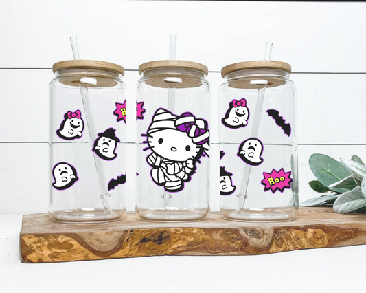 Hello Kitty Glass Tumbler W/Bamboo Lid & Glass Straw Fall Halloween Hello  Kitty