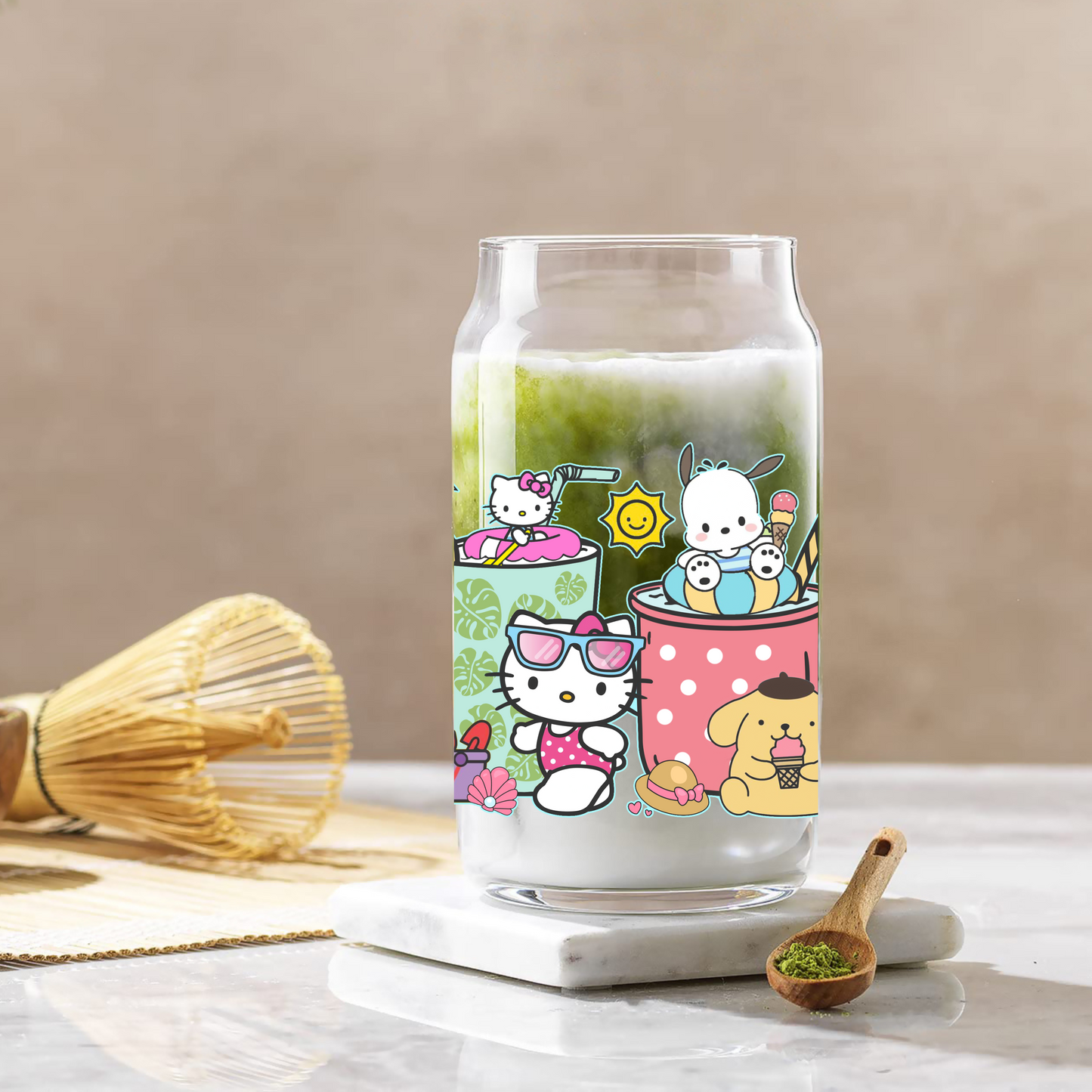 Sanrio Summer Time Anime 16oz Beer Can Glass with Straw and Lid