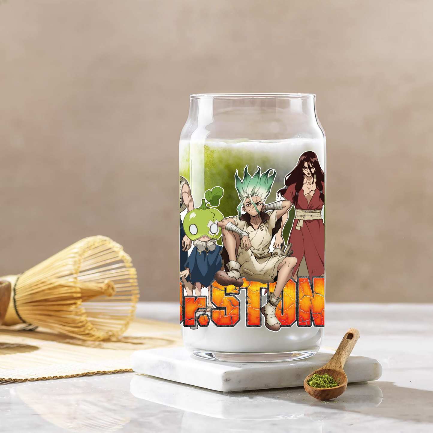Dr. Stone Anime 16oz Beer Can Glass with Straw and Lid