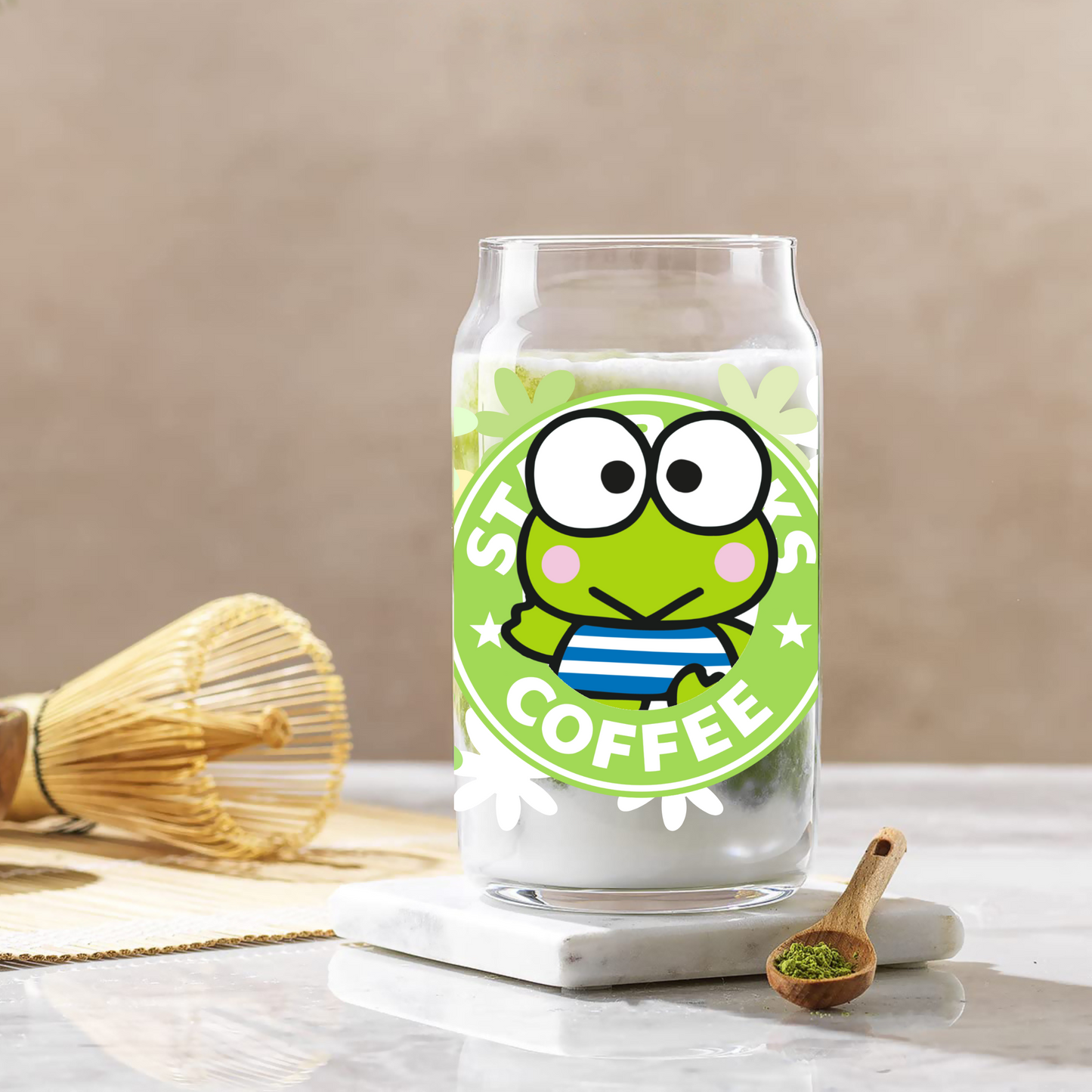 Keroppi with Flowers Anime 16oz Beer Can Glass with Straw and Lid