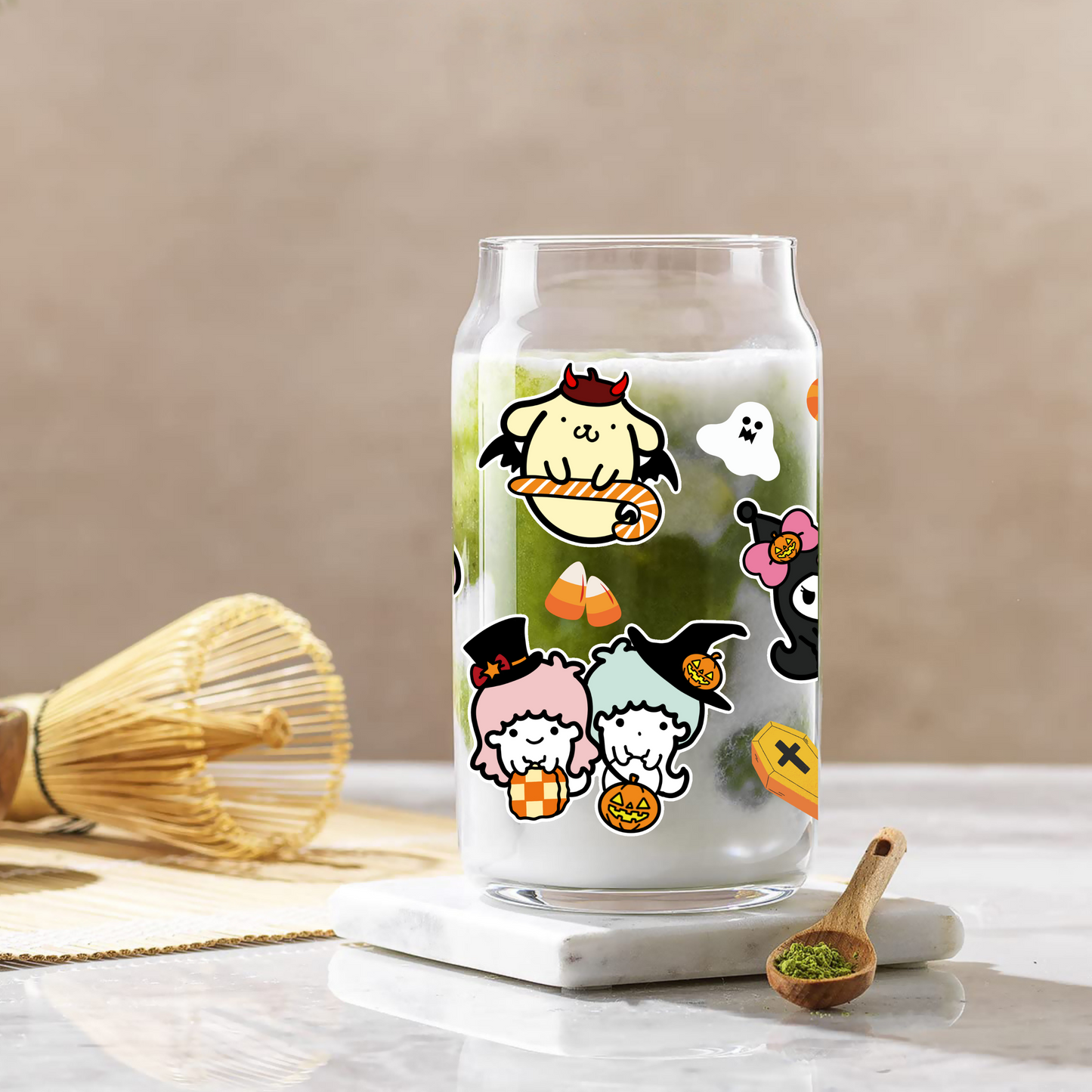 Sanrio-Halloween Sanrio family Anime 16oz Beer Can Glass with Straw and Lid
