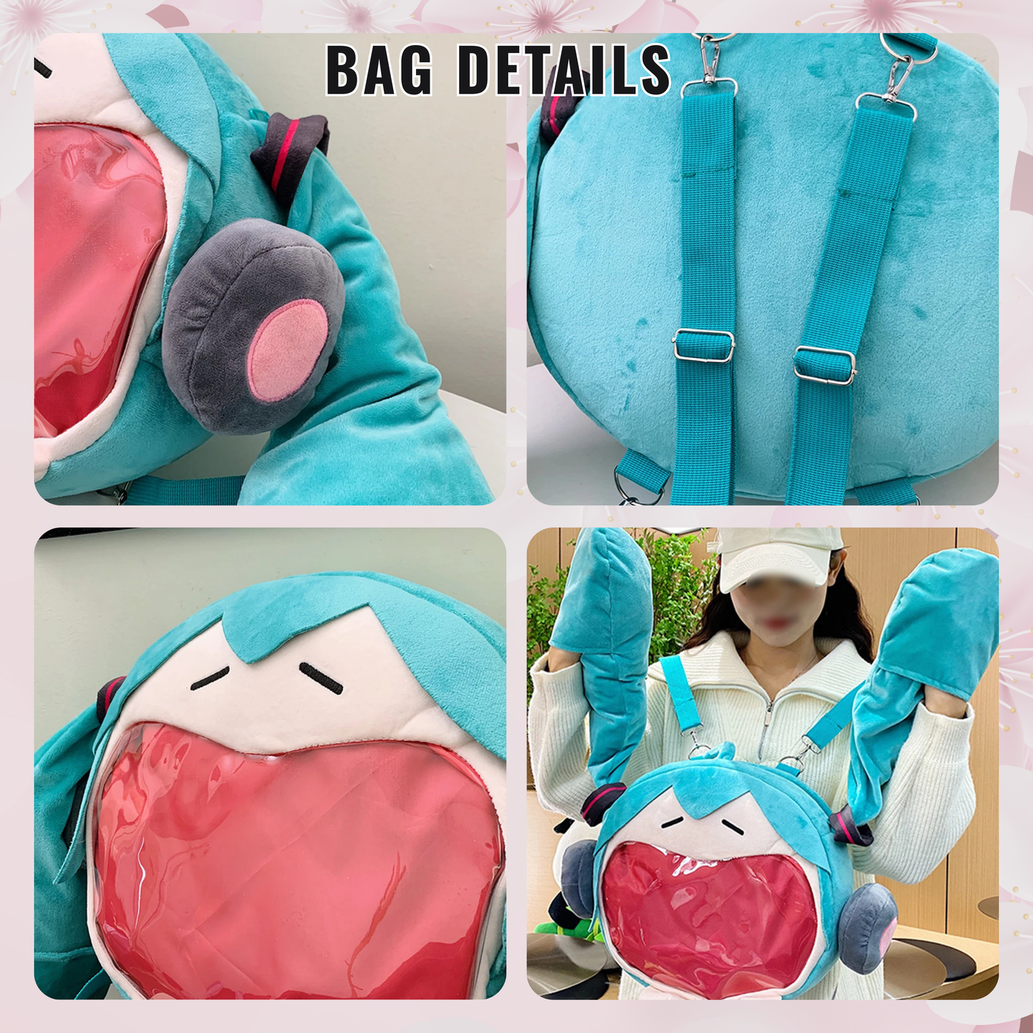 Large Hatsune Miku Face Plush ITA Backpack, Adjustable Strap Bag, convertible cross body & backpack ita bag Kawaii Anime Backpack