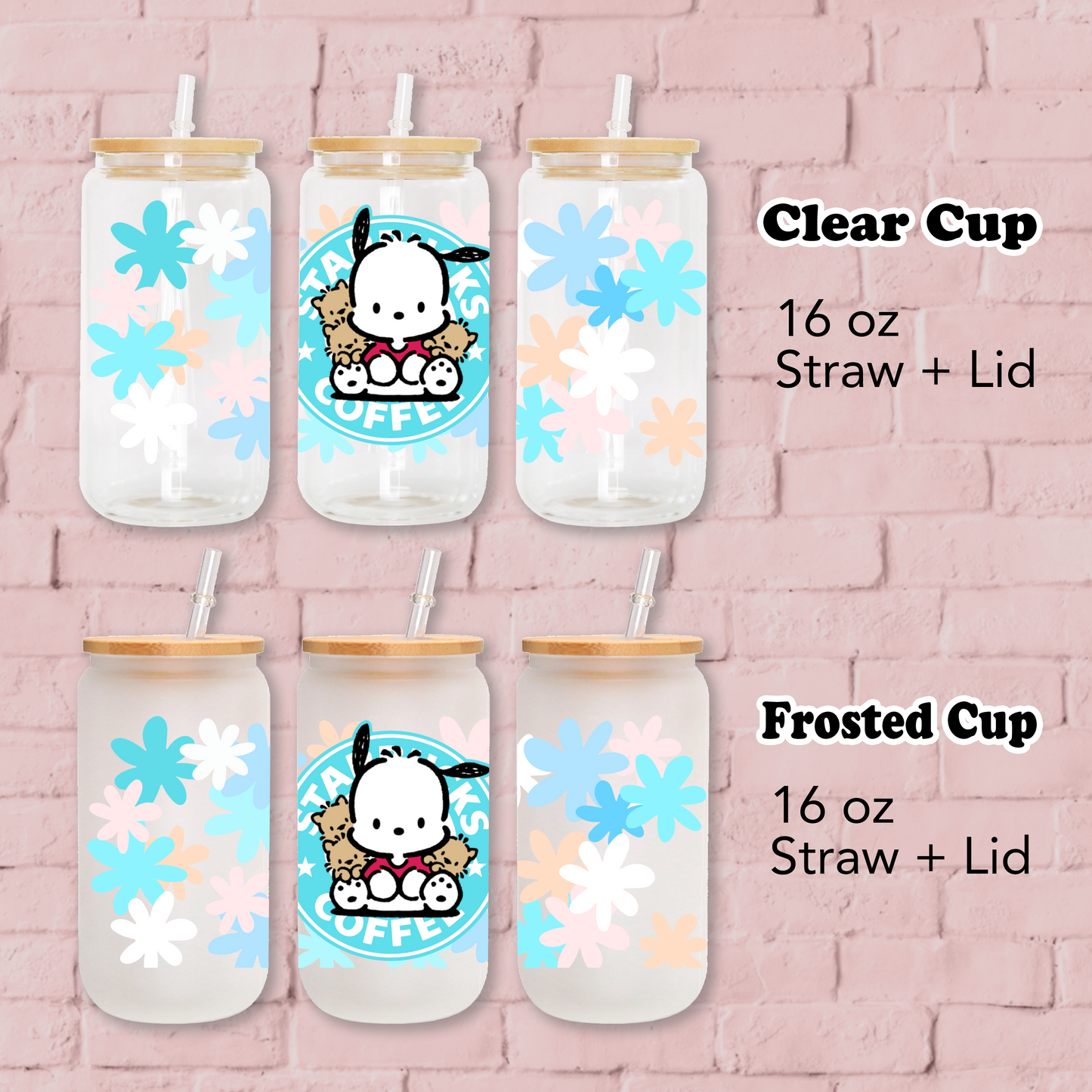 Pochacco with flowers Anime 16oz Beer Can Glass with Straw and Lid