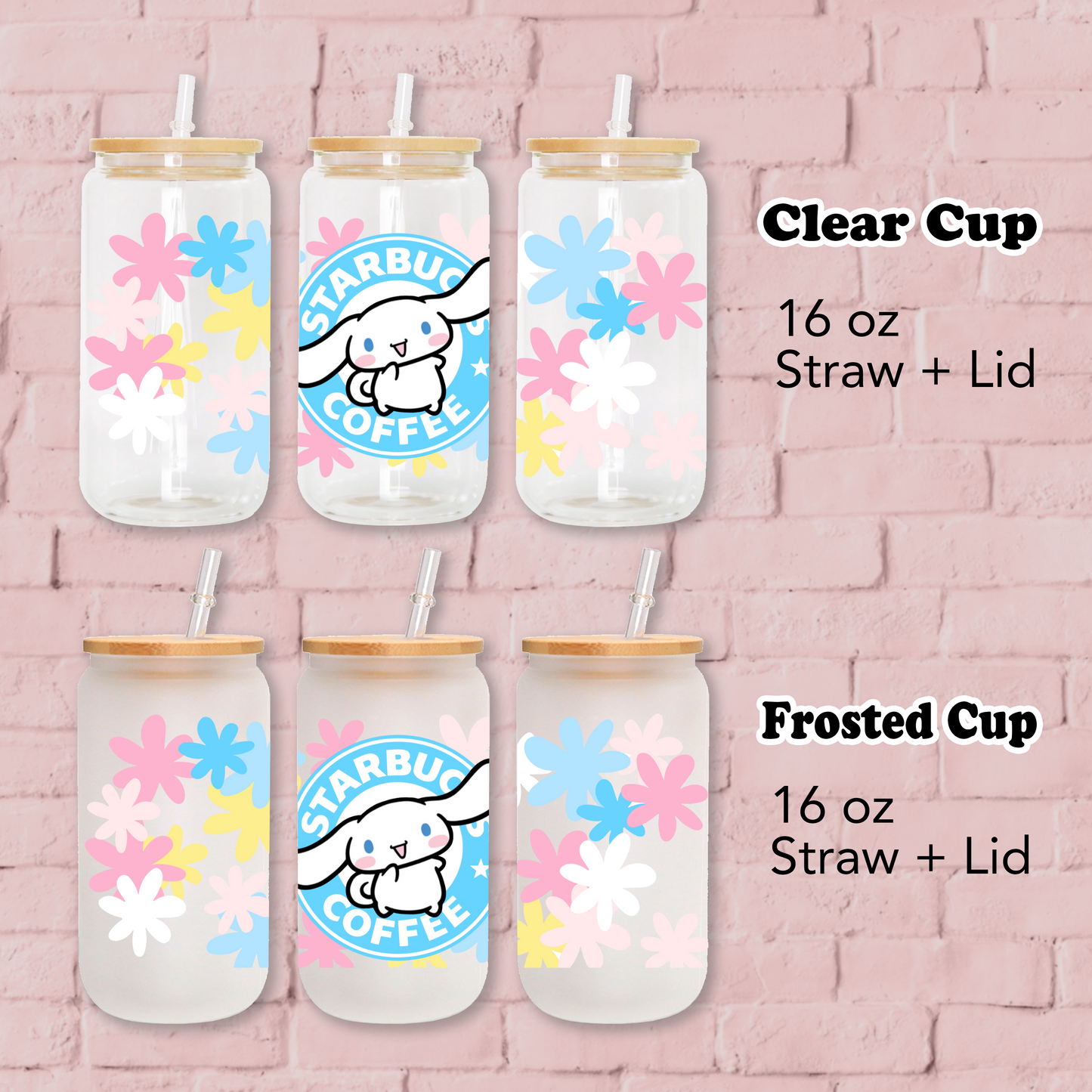 Cinnamoroll with Flowers Anime 16oz Beer Can Glass with Straw and Lid