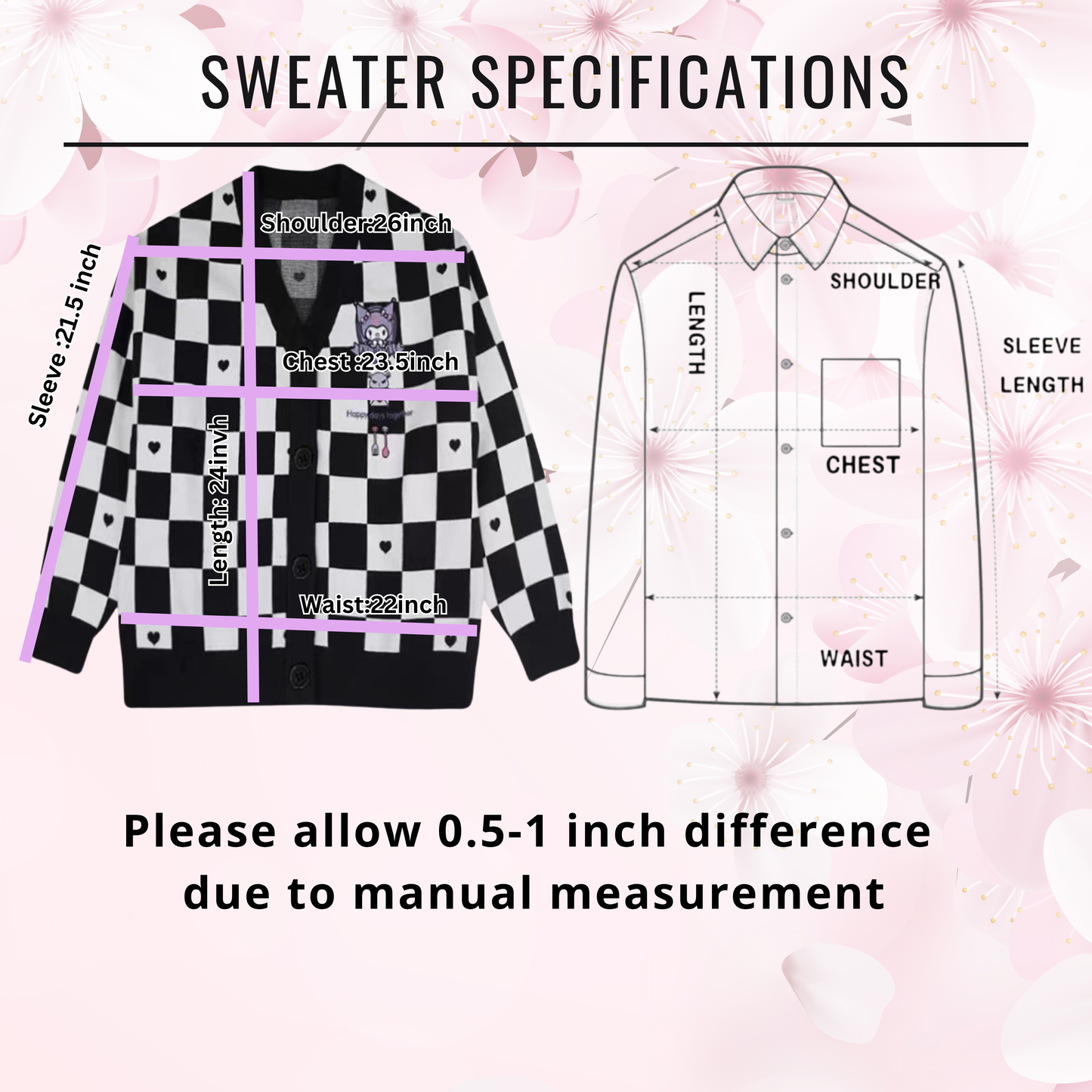 One Sized/Unisize Sanrio Checkered Cardigan, Cute Sweater Cardigan Cartoon, Embroidery Checkerboard Heart sweater, Student Uniform style