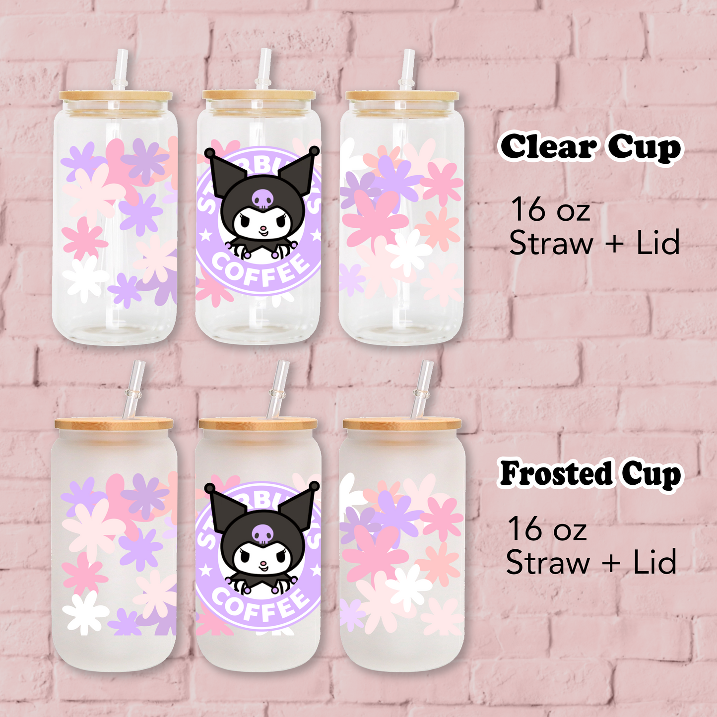 Kuromi with Flowers Anime 16oz Beer Can Glass with Straw and Lid