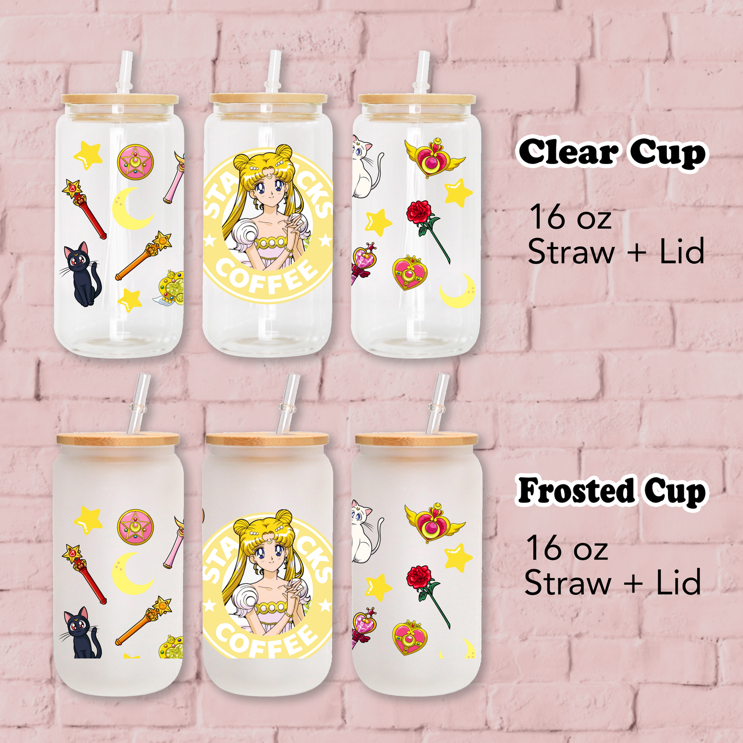 Sailor Moon Yellow Starbucks Anime 16oz Beer Can Glass with Straw and Lid