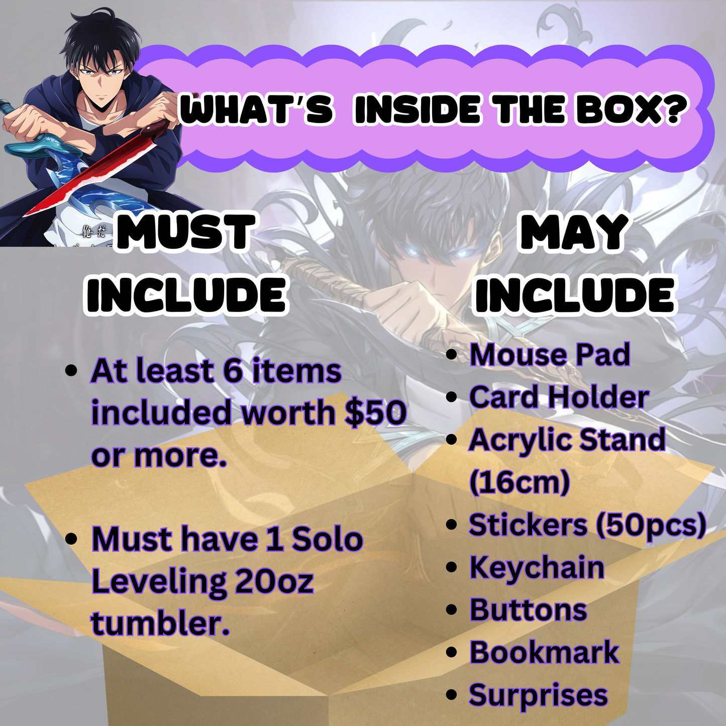 Blind Date with Solo Leveling  Mystery Box – 20oz Tumbler + 5 Surprise Solo Merch Items