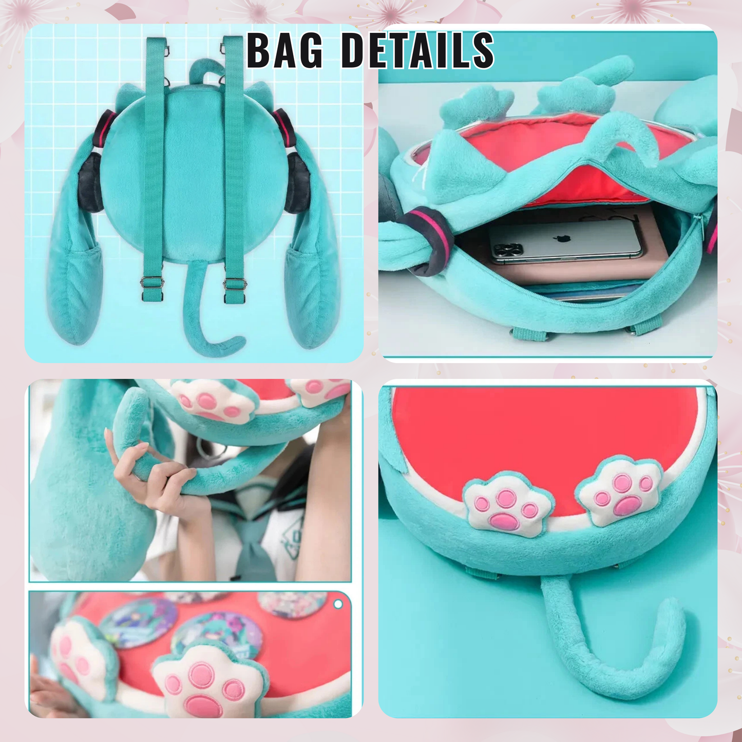 Large Hatsune Miku Cat Face Plush ITA Backpack, Adjustable Strap Bag, convertible cross body & backpack ita bag Kawaii Anime Backpack