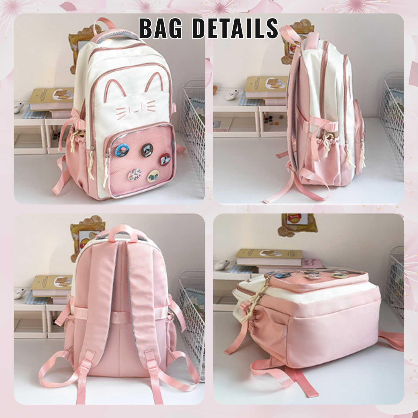 CatFace ita backpack, kawaii ita ba, enamel pin display bag, anime convention bag,  clear window ita backpack, kawaii school backpack