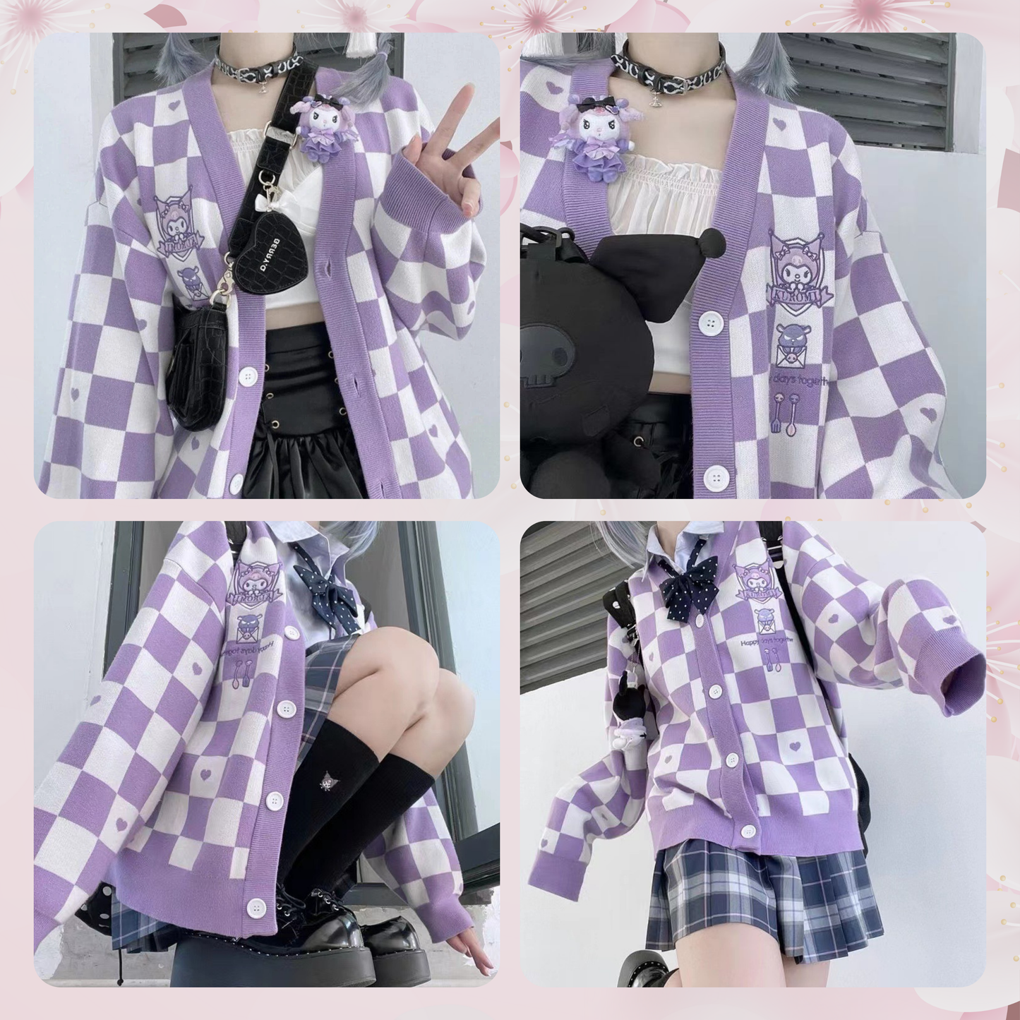 One Sized/Unisize Sanrio Checkered Cardigan, Cute Sweater Cardigan Cartoon, Embroidery Checkerboard Heart sweater, Student Uniform style