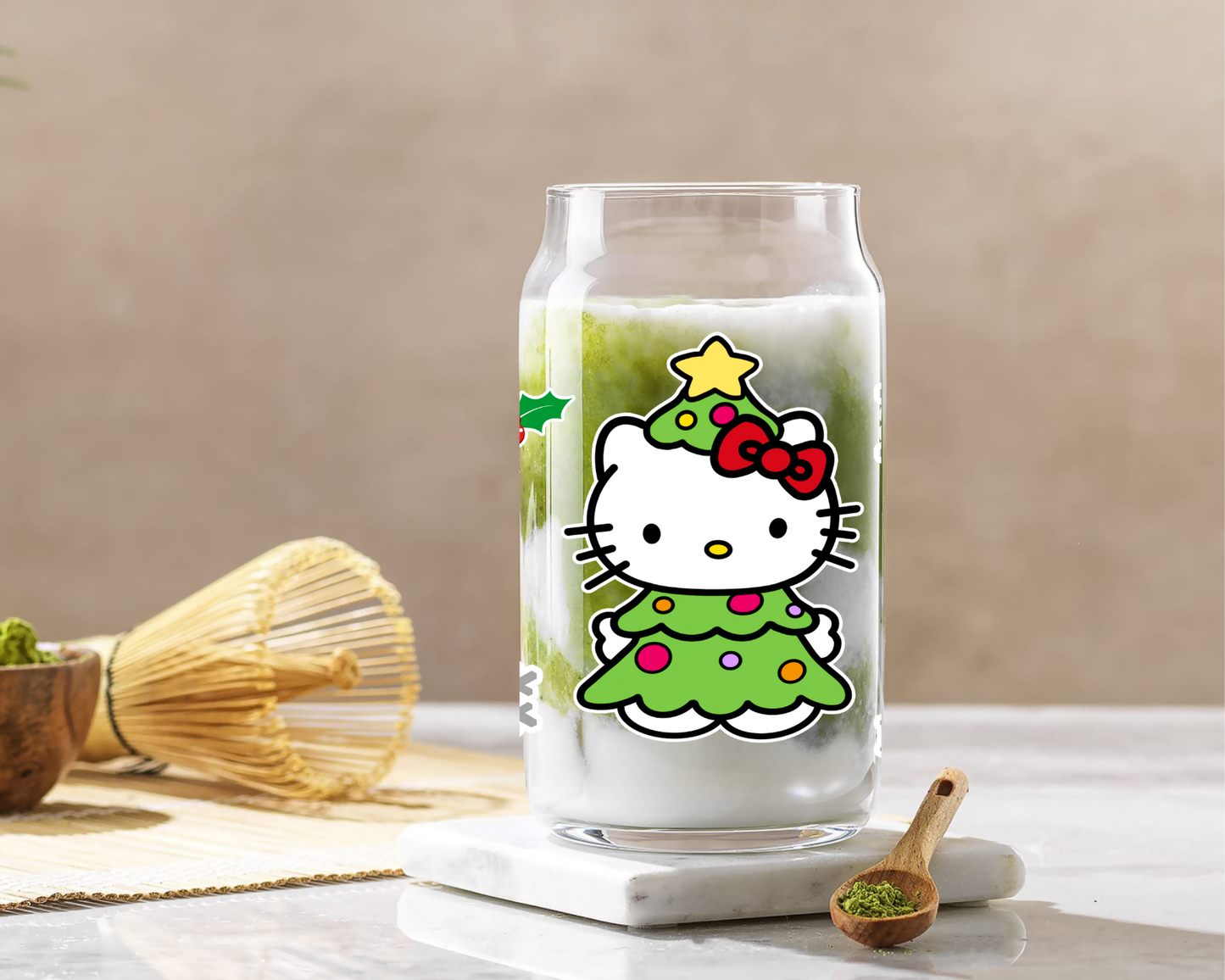 Sanrio Hello kitty Christmas Green Tree Anime 16oz Beer Can Glass with Straw and Lid