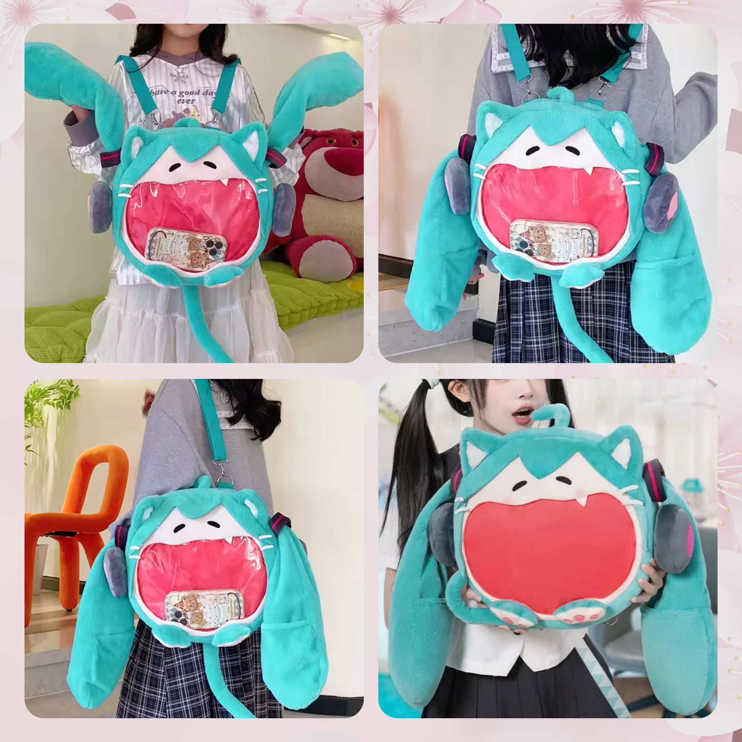 Large Hatsune Miku Cat Face Plush ITA Backpack, Adjustable Strap Bag, convertible cross body & backpack ita bag Kawaii Anime Backpack