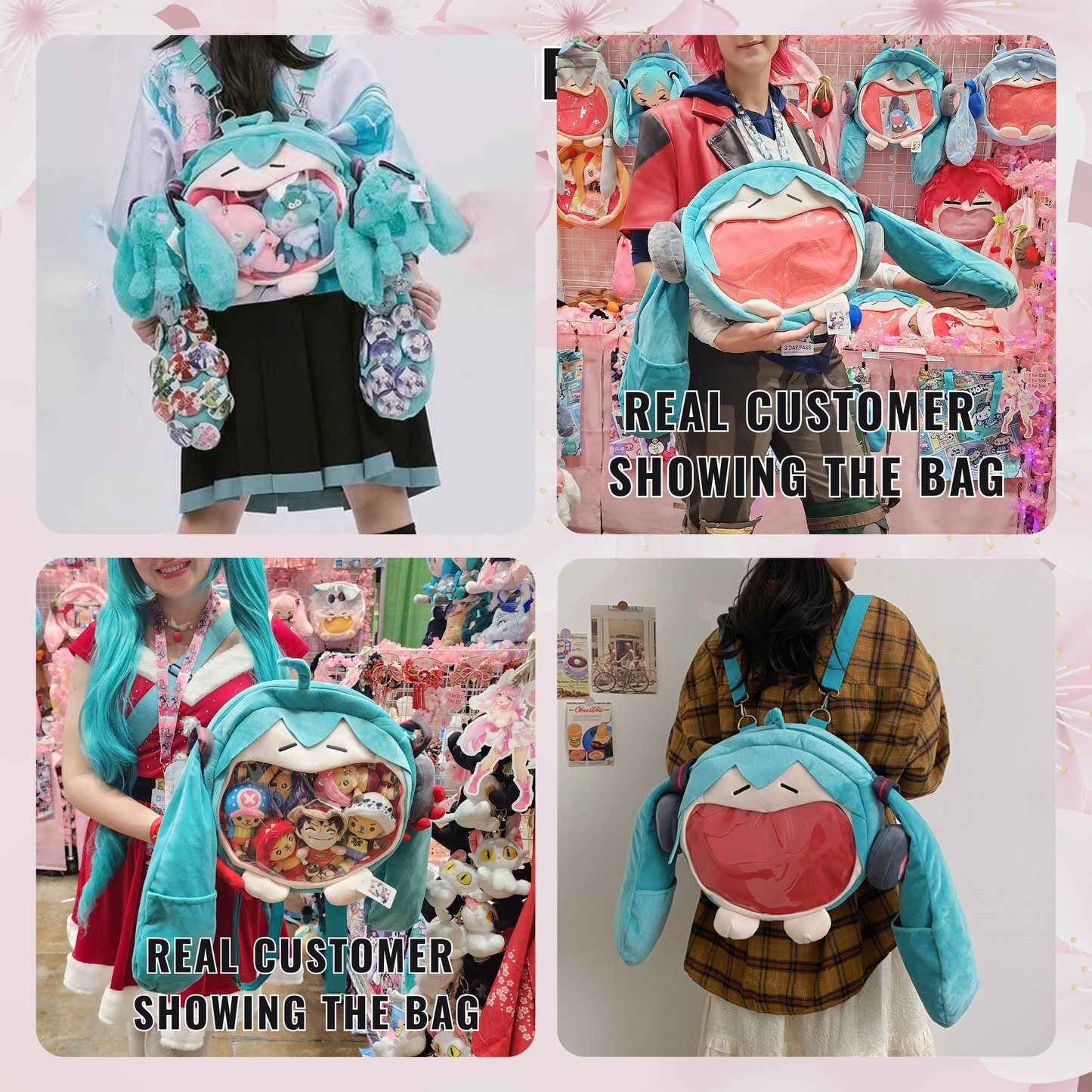 Large Hatsune Miku Face Plush ITA Backpack, Adjustable Strap Bag, convertible cross body & backpack ita bag Kawaii Anime Backpack