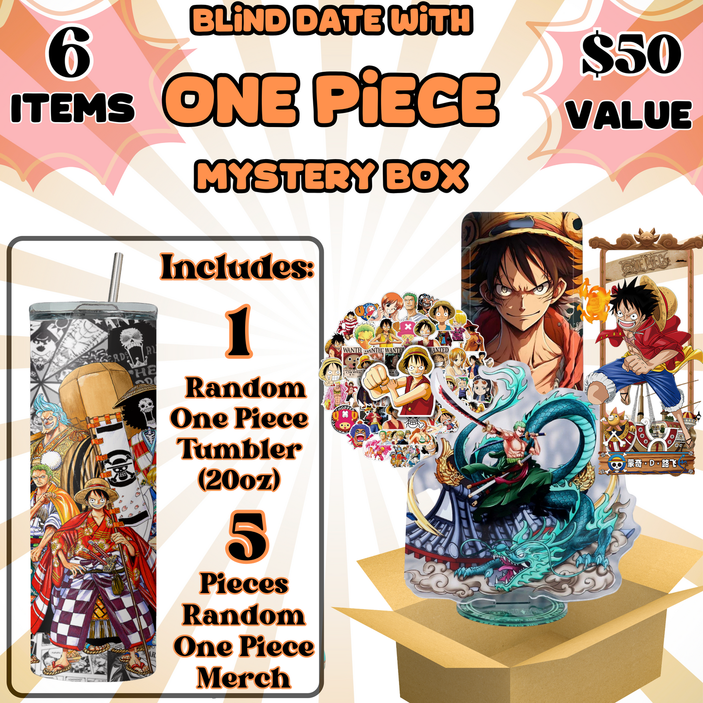 Blind Date with One Piece Mystery Box – 20oz Tumbler + 5 Surprise One Piece Merch Items
