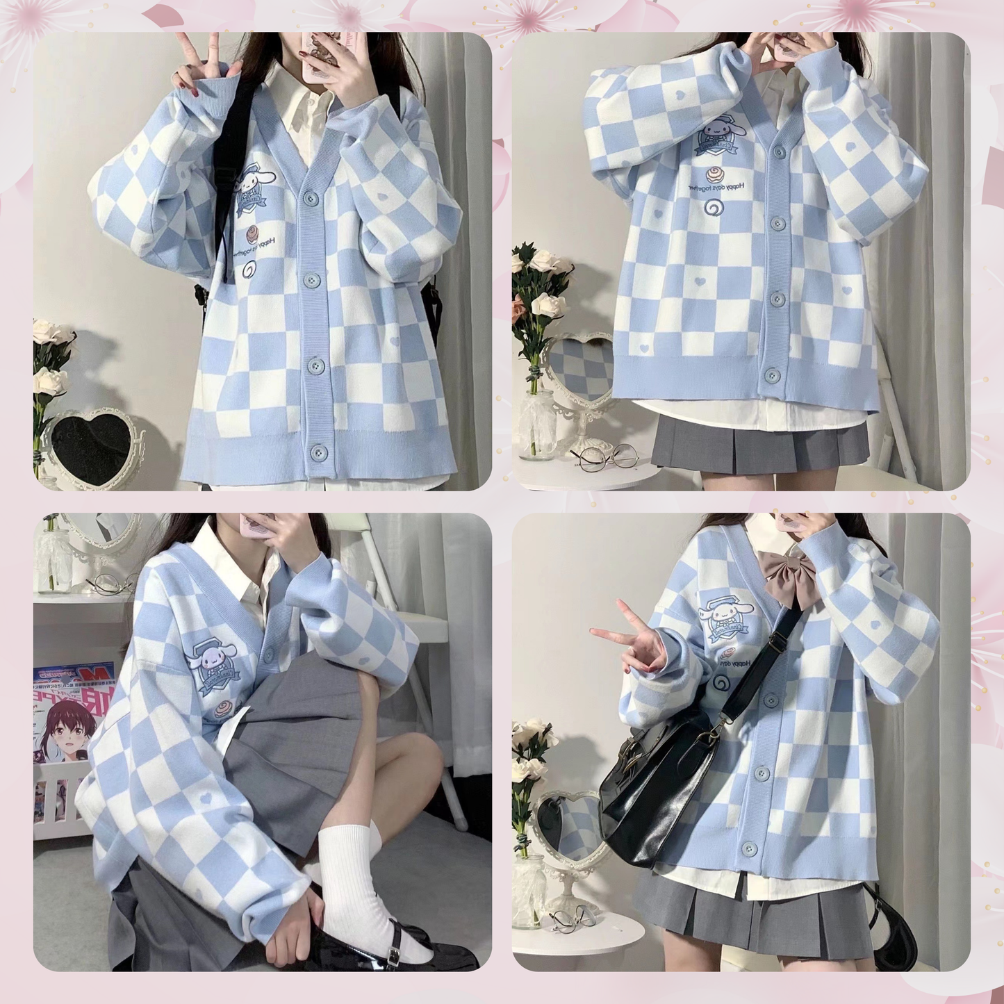 One Sized/Unisize Sanrio Checkered Cardigan, Cute Sweater Cardigan Cartoon, Embroidery Checkerboard Heart sweater, Student Uniform style
