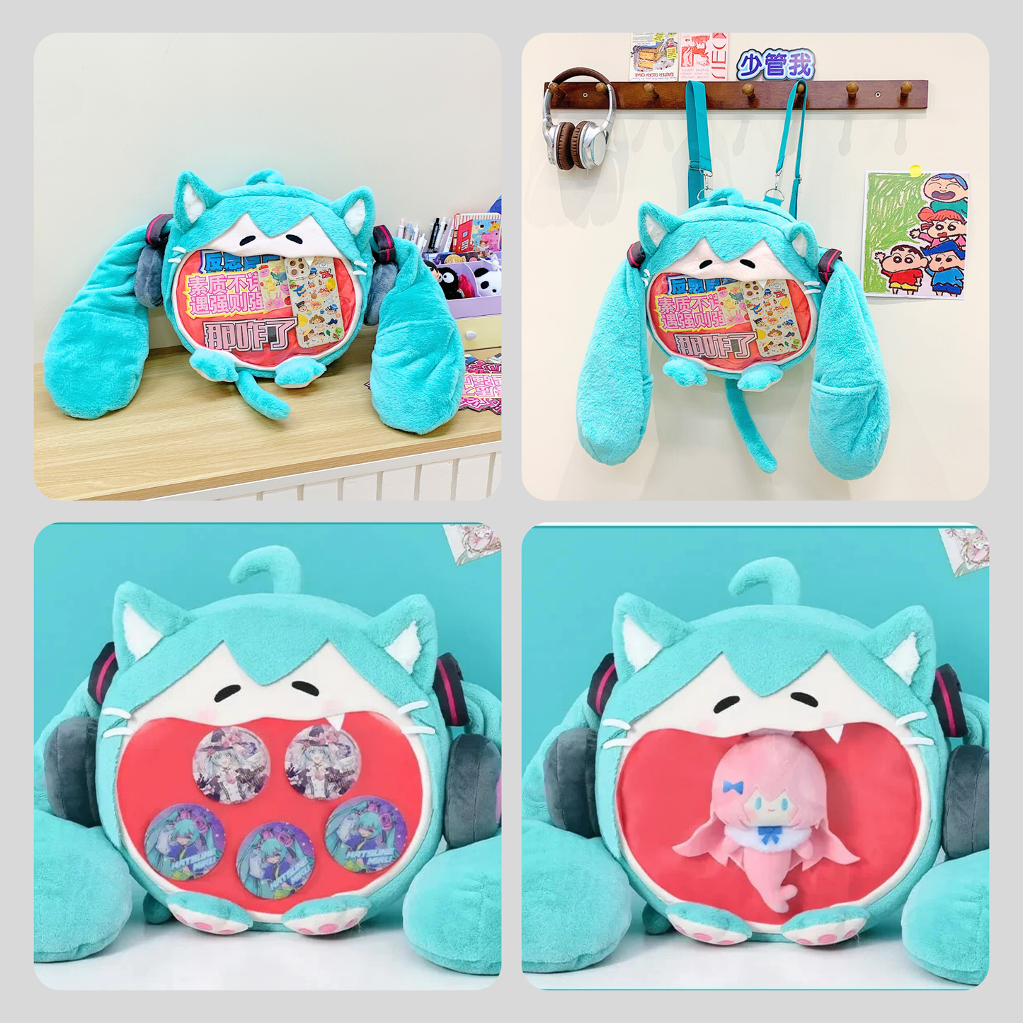 Large Hatsune Miku Cat Face Plush ITA Backpack, Adjustable Strap Bag, convertible cross body & backpack ita bag Kawaii Anime Backpack