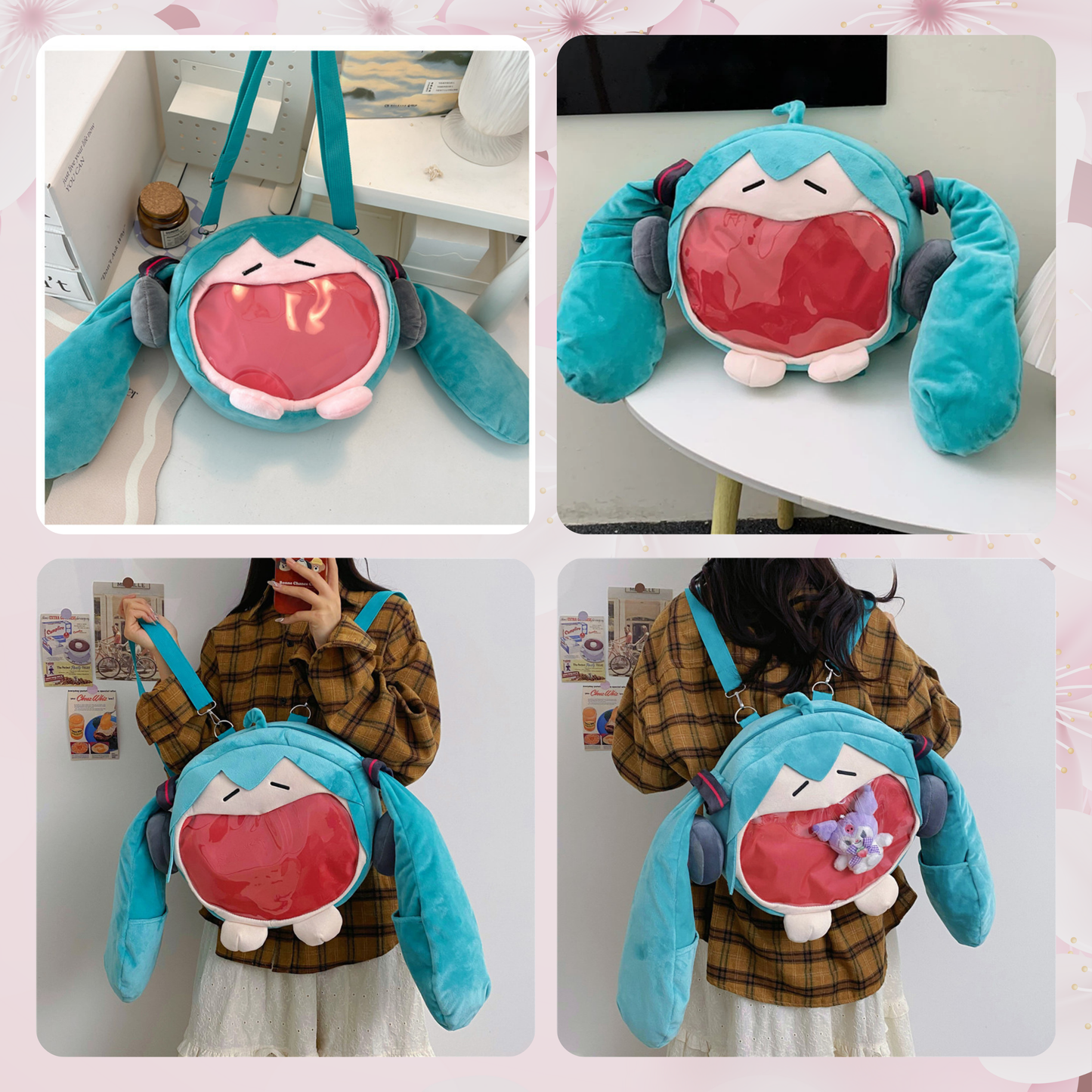Large Hatsune Miku Face Plush ITA Backpack, Adjustable Strap Bag, convertible cross body & backpack ita bag Kawaii Anime Backpack